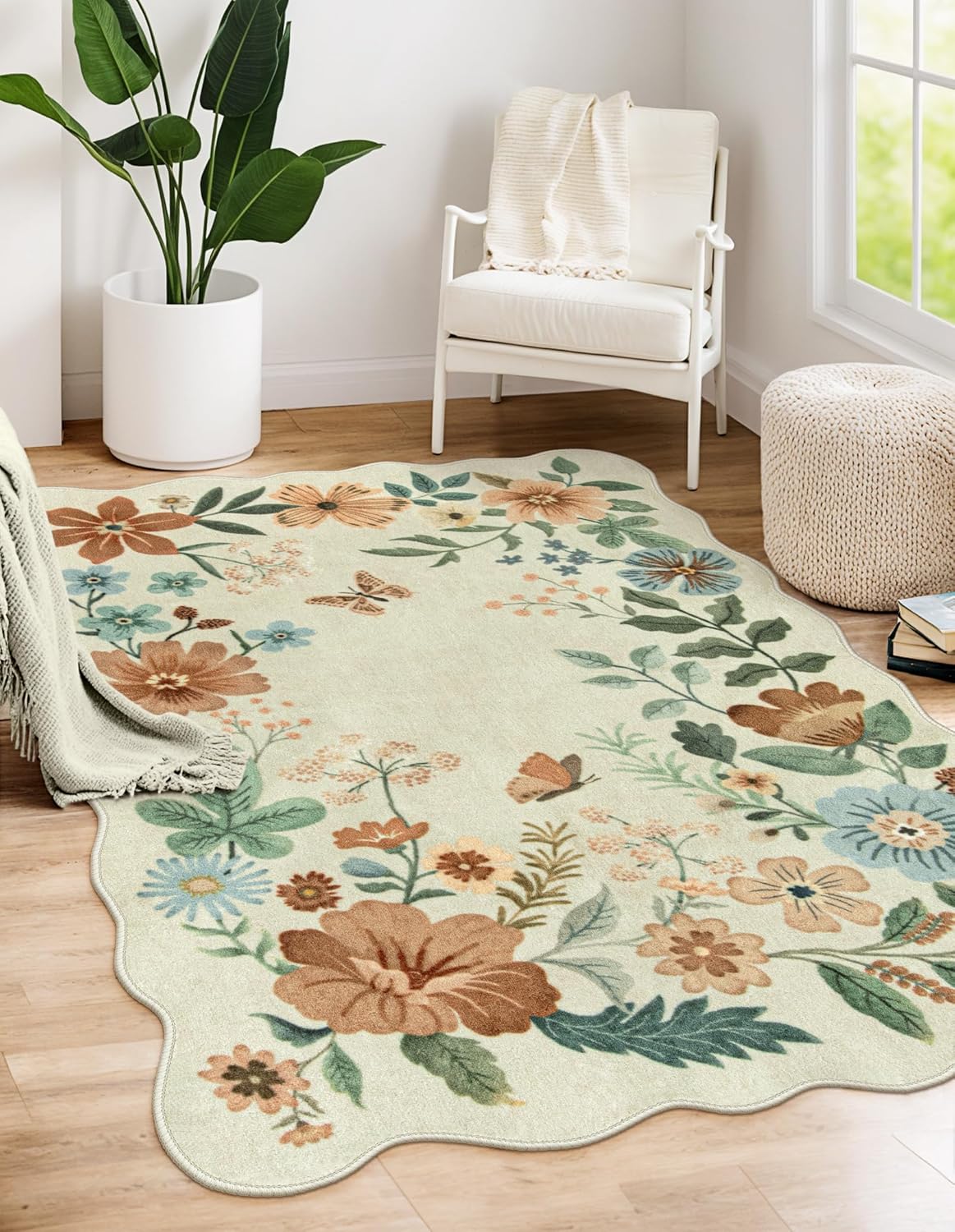Lahome Floral Washable Rugs 8x10, Non-Slip Soft Green Rug Stain Resistant, Ultra-Thin 8x10 Rugs for Living Room Easy Clean Boho Accent Carpet for Dining Room Office(8x10ft,Green)