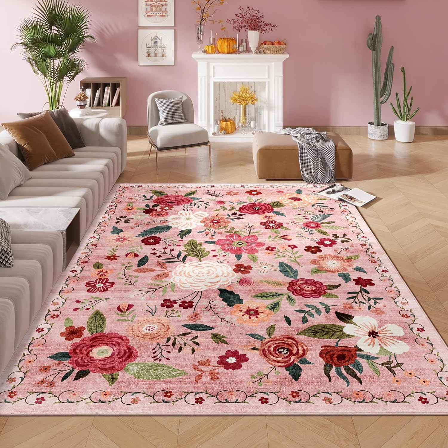 8x10 Washable Area Rug for Living Room, Floral Non-Slip Non-Shedding & Easy Care, Large Soft Low Pile Indoor Floor Carpet for Living Room, Bedroom, Farmhouse, Dining Room, Kids Playroom, Pink