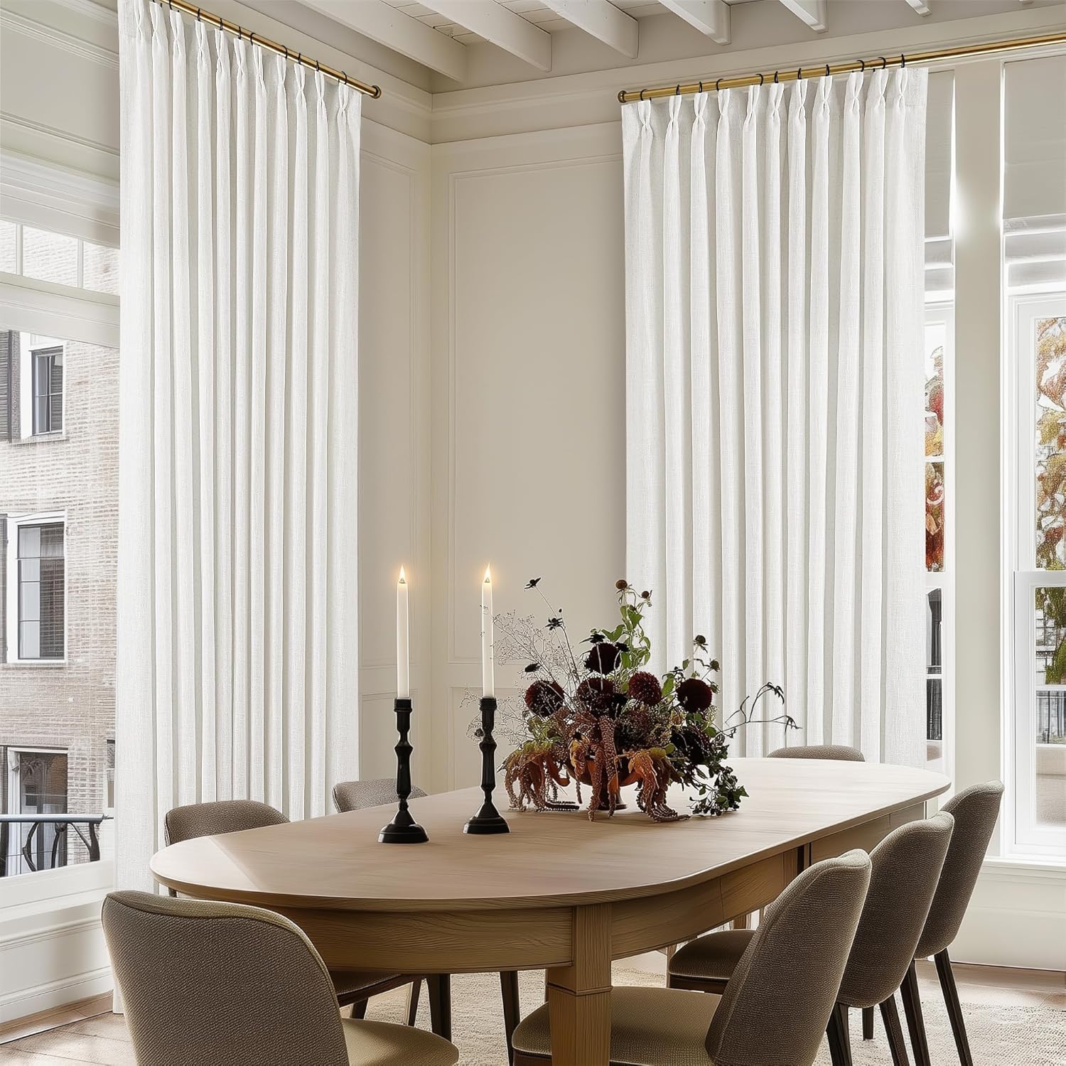 Natural Pinch Pleated Linen Curtains 84 Inch Length 2 Panels for Living Room Bedroom Textured Cream Ivory Birch Semi Sheer Boho Neutral Back Tab Pinch Pleat Hooks Rings Window Curtain 84 Inches Long