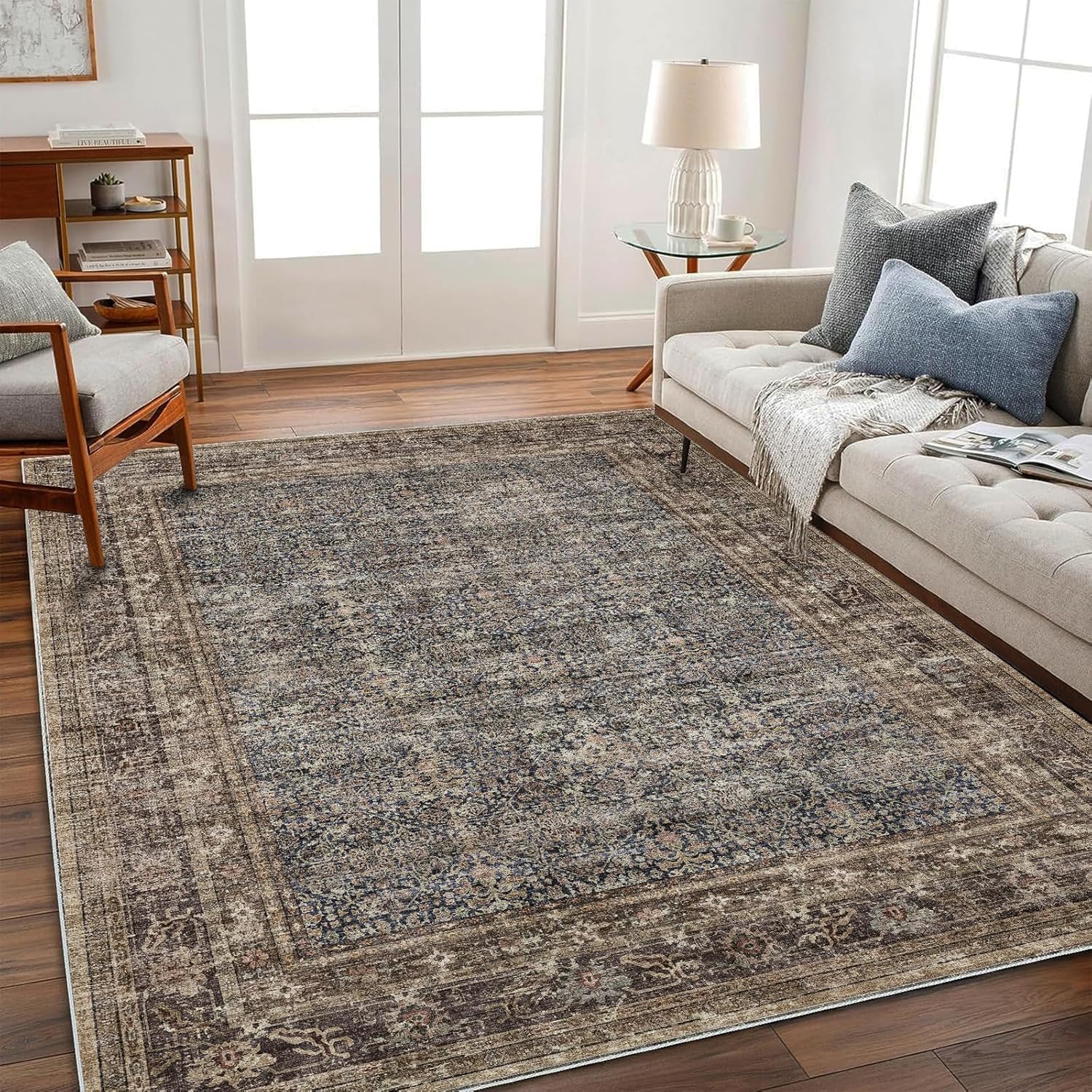 Area Rug 8x10 Washable Rug Brown Vintage Traditional Mat Distressed Indoor Foldable Thin Retro Accent Floral Non Slip Carpet Living Room Dining Room Office