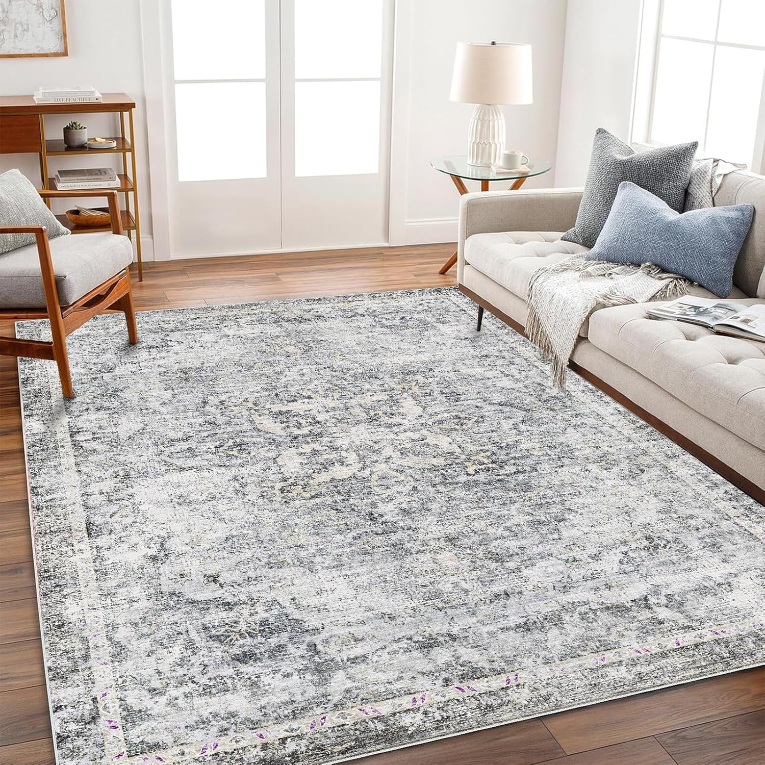 Area Rug 8x10 Washable Rug Brown Vintage Traditional Mat Distressed Indoor Foldable Thin Retro Accent Floral Non Slip Carpet Living Room Dining Room Office