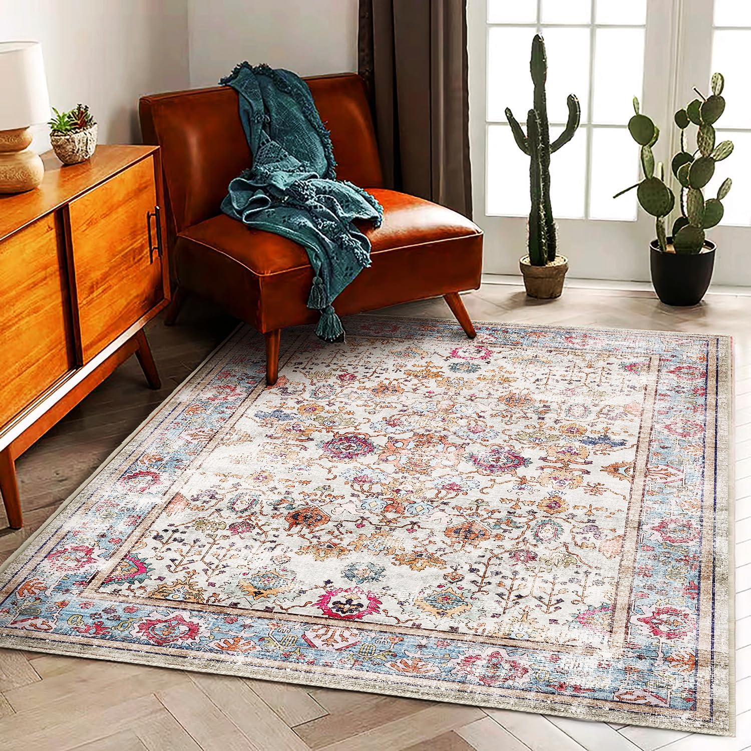 Area Rug 8x10 Washable Rug Brown Vintage Traditional Mat Distressed Indoor Foldable Thin Retro Accent Floral Non Slip Carpet Living Room Dining Room Office