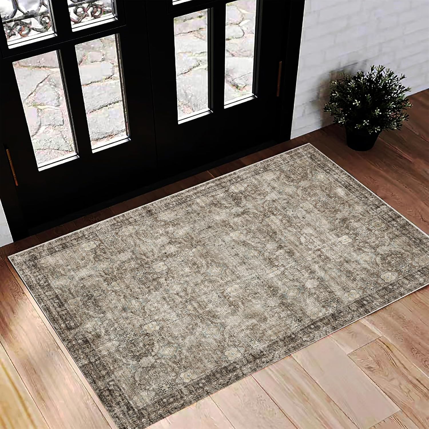 Area Rug 8x10 Washable Rug Brown Vintage Traditional Mat Distressed Indoor Foldable Thin Retro Accent Floral Non Slip Carpet Living Room Dining Room Office