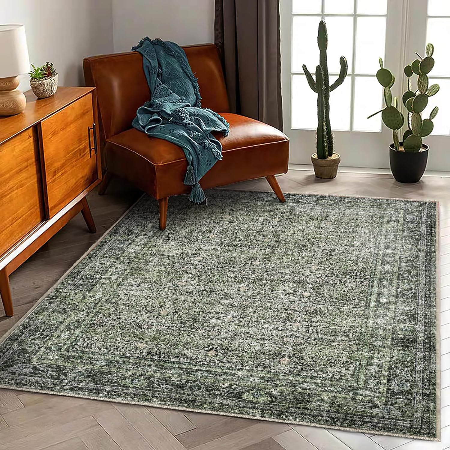 Area Rug 8x10 Washable Rug Brown Vintage Traditional Mat Distressed Indoor Foldable Thin Retro Accent Floral Non Slip Carpet Living Room Dining Room Office