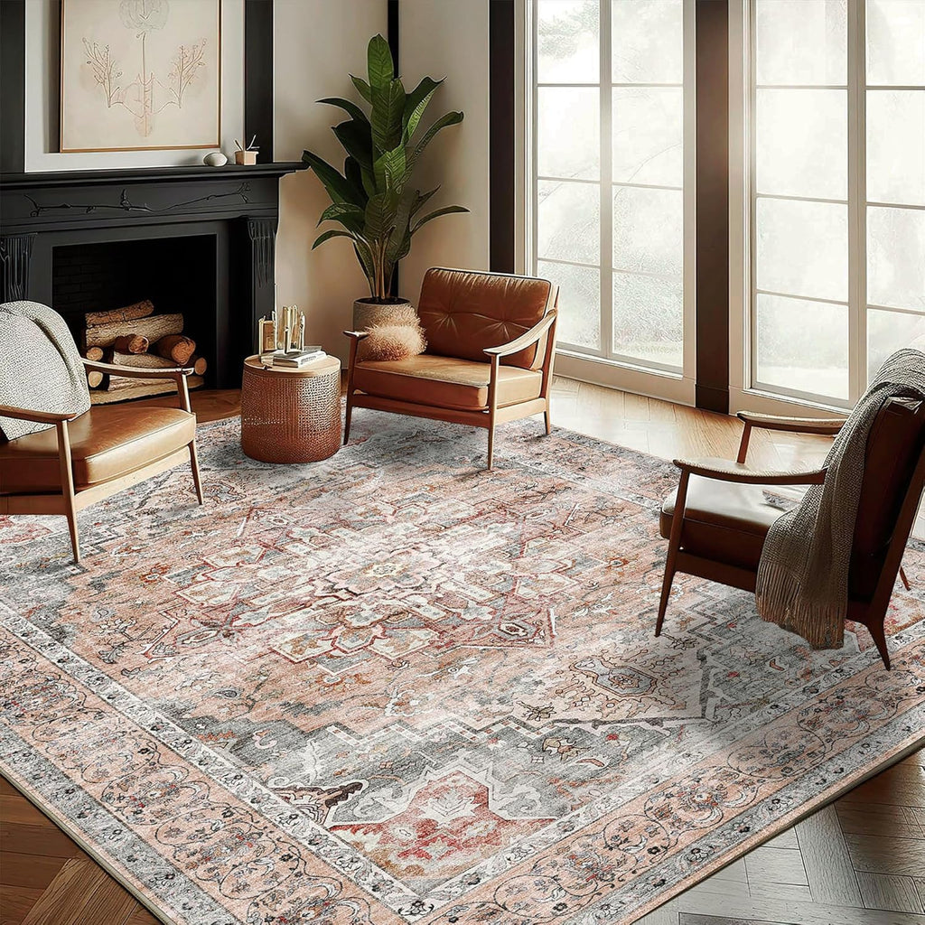 Area Rug 8x10 Washable Rug Brown Vintage Traditional Mat Distressed Indoor Foldable Thin Retro Accent Floral Non Slip Carpet Living Room Dining Room Office