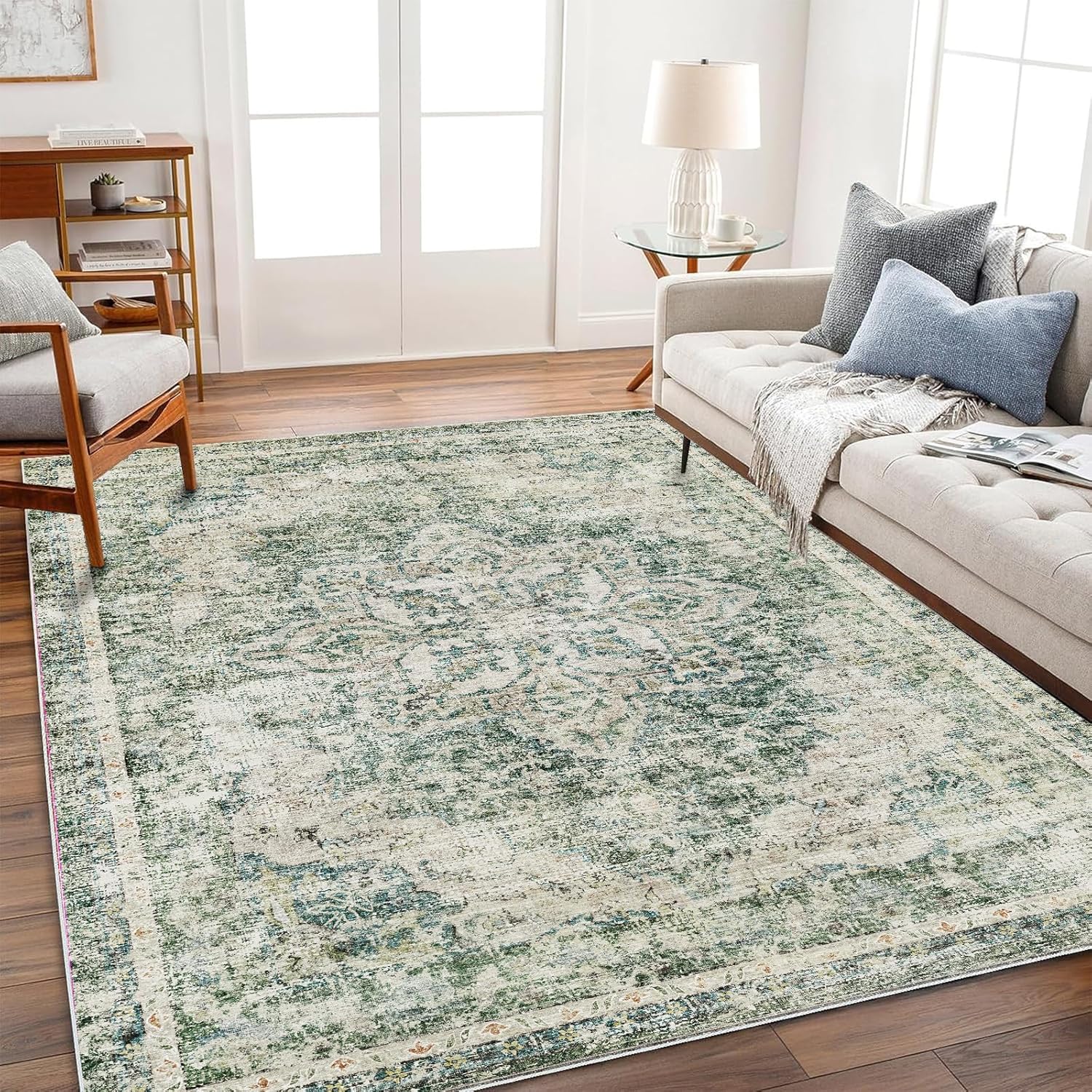 Area Rug 8x10 Washable Rug Brown Vintage Traditional Mat Distressed Indoor Foldable Thin Retro Accent Floral Non Slip Carpet Living Room Dining Room Office
