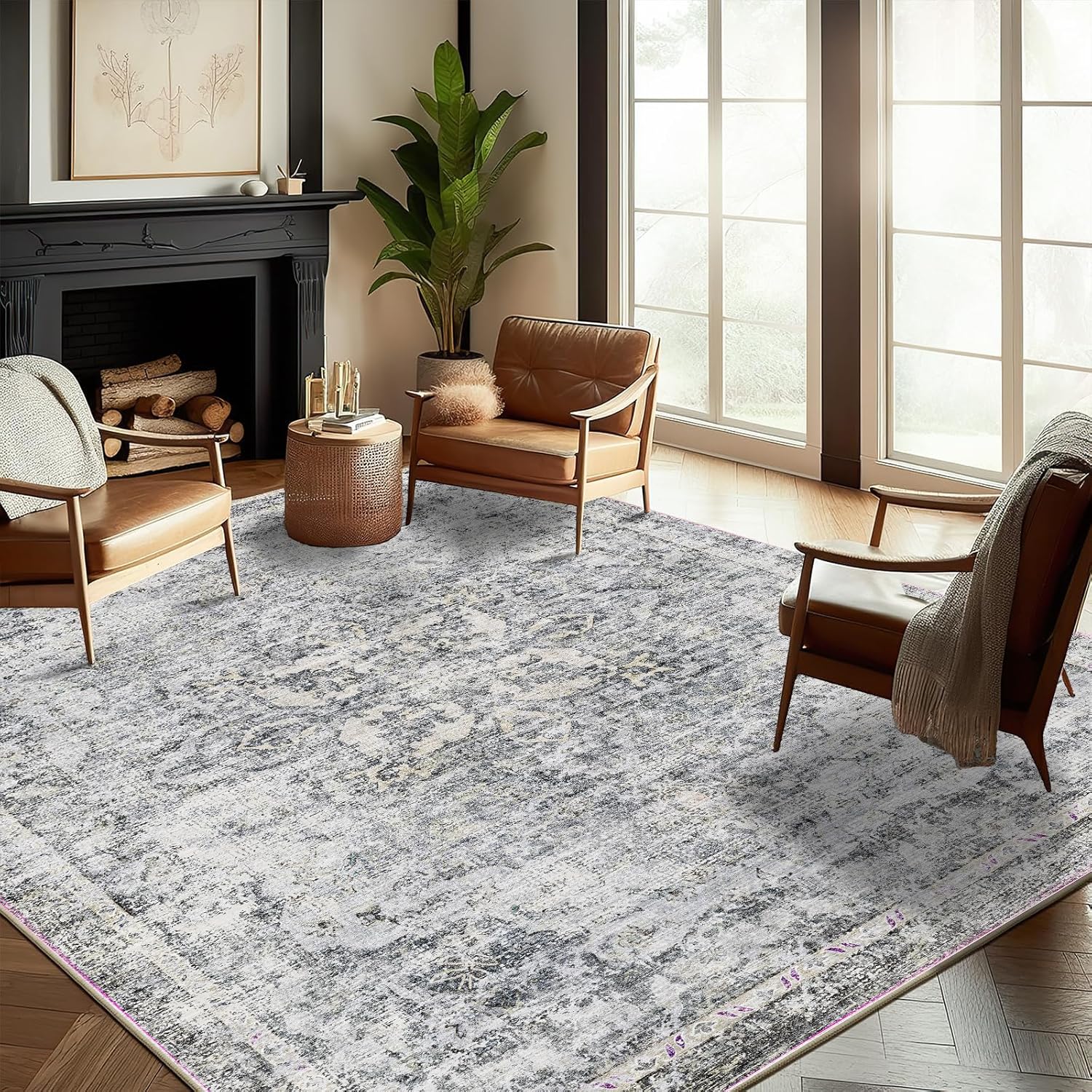 Area Rug 8x10 Washable Rug Brown Vintage Traditional Mat Distressed Indoor Foldable Thin Retro Accent Floral Non Slip Carpet Living Room Dining Room Office
