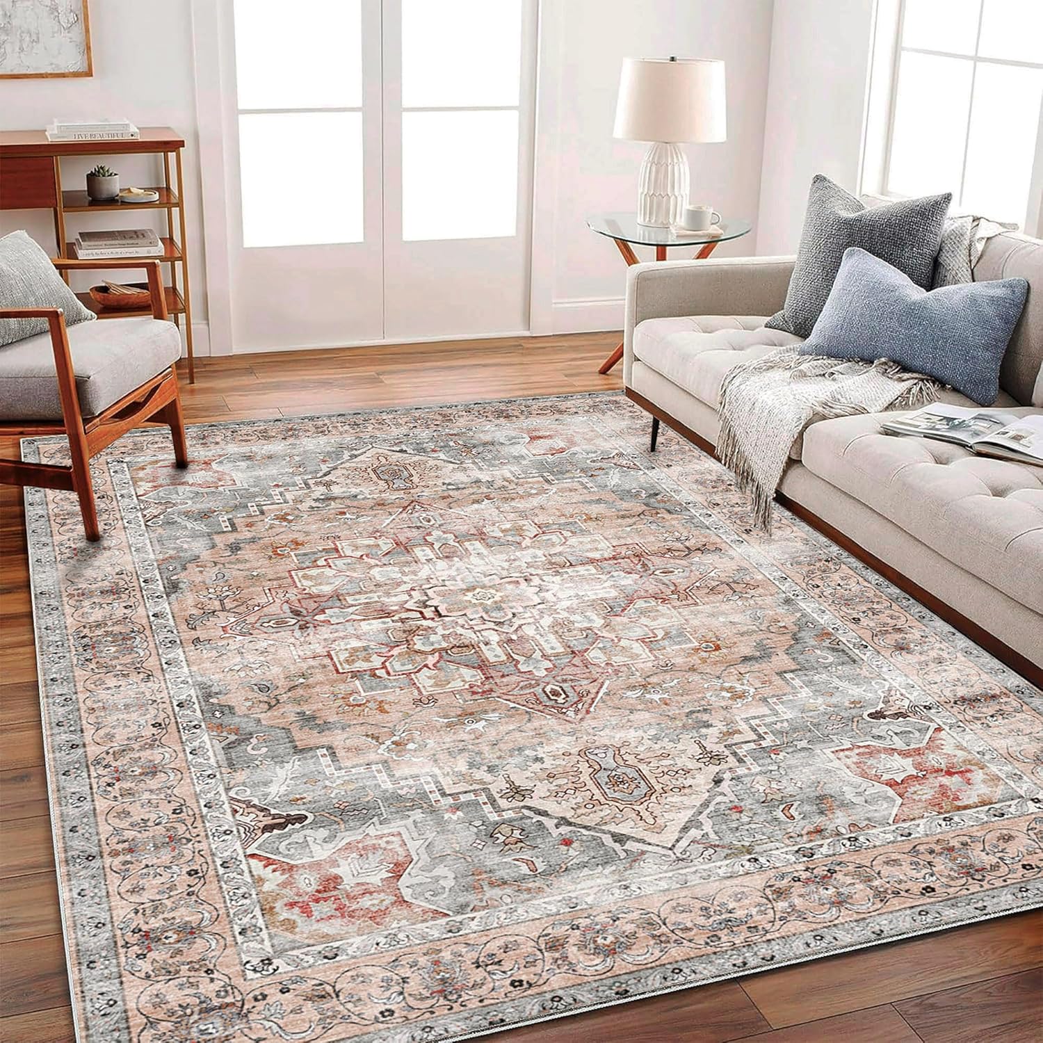 Area Rug 8x10 Washable Rug Brown Vintage Traditional Mat Distressed Indoor Foldable Thin Retro Accent Floral Non Slip Carpet Living Room Dining Room Office
