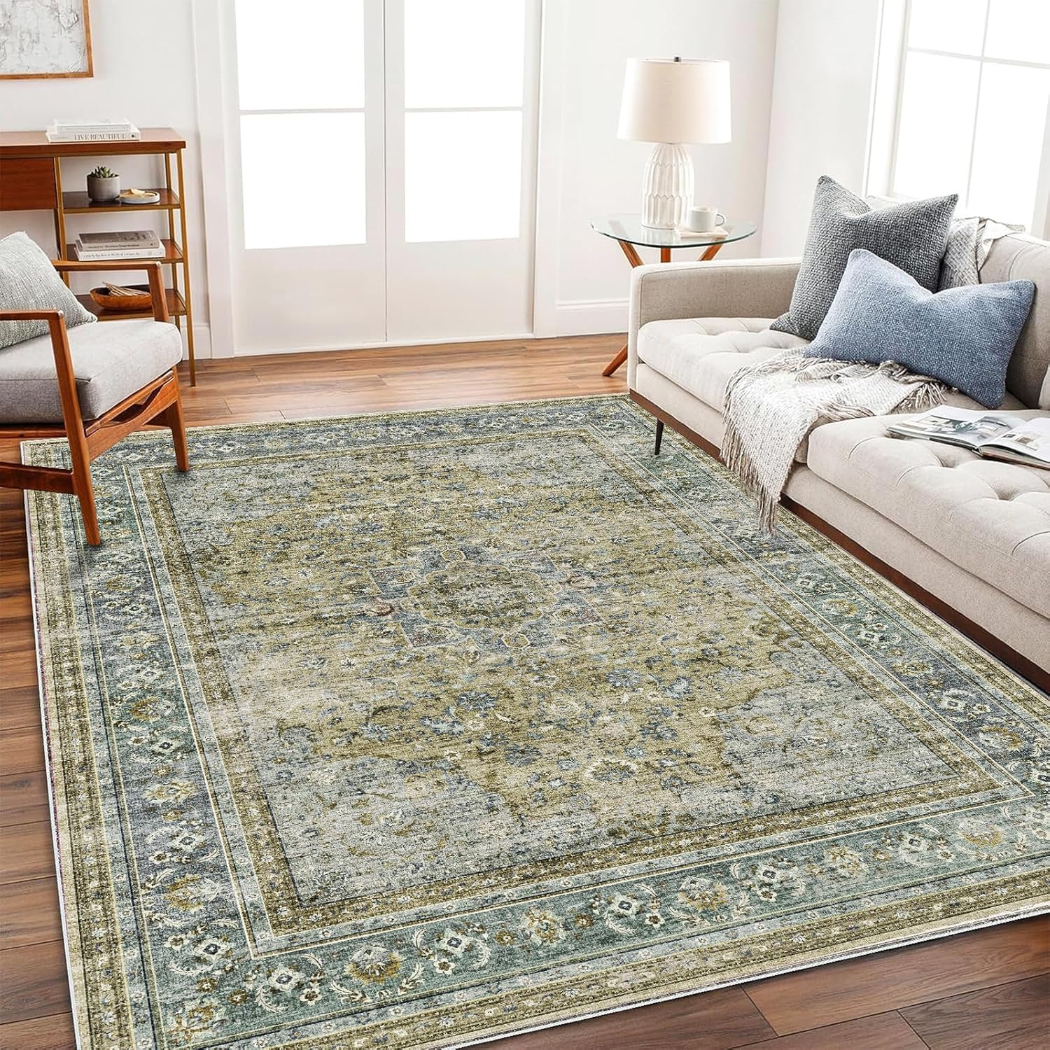 Area Rug 8x10 Washable Rug Brown Vintage Traditional Mat Distressed Indoor Foldable Thin Retro Accent Floral Non Slip Carpet Living Room Dining Room Office