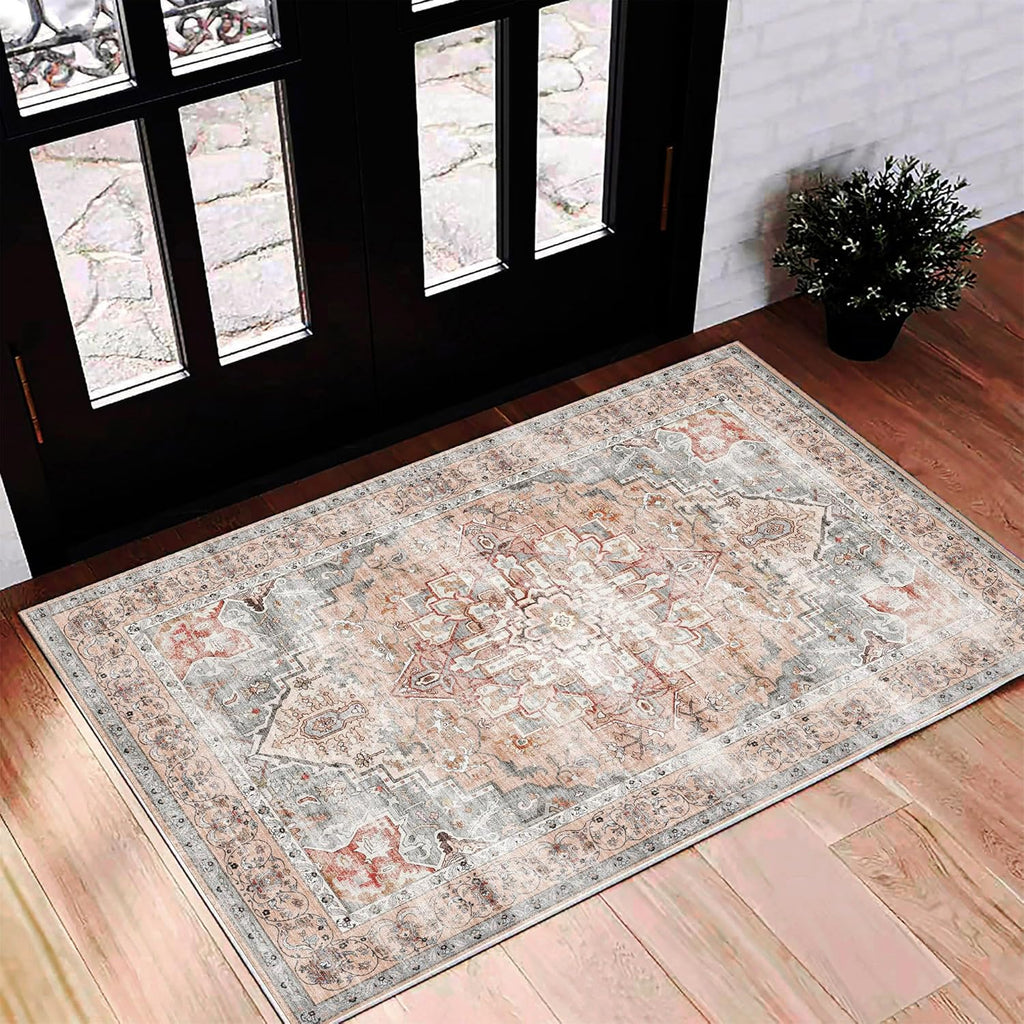 Area Rug 8x10 Washable Rug Brown Vintage Traditional Mat Distressed Indoor Foldable Thin Retro Accent Floral Non Slip Carpet Living Room Dining Room Office
