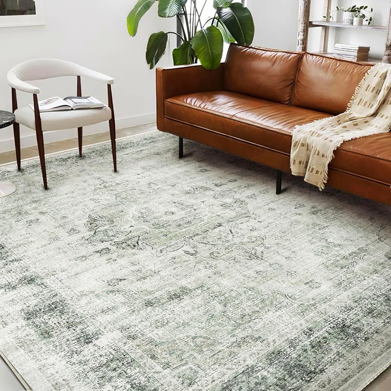 Area Rug 8x10 Washable Rug Brown Vintage Traditional Mat Distressed Indoor Foldable Thin Retro Accent Floral Non Slip Carpet Living Room Dining Room Office