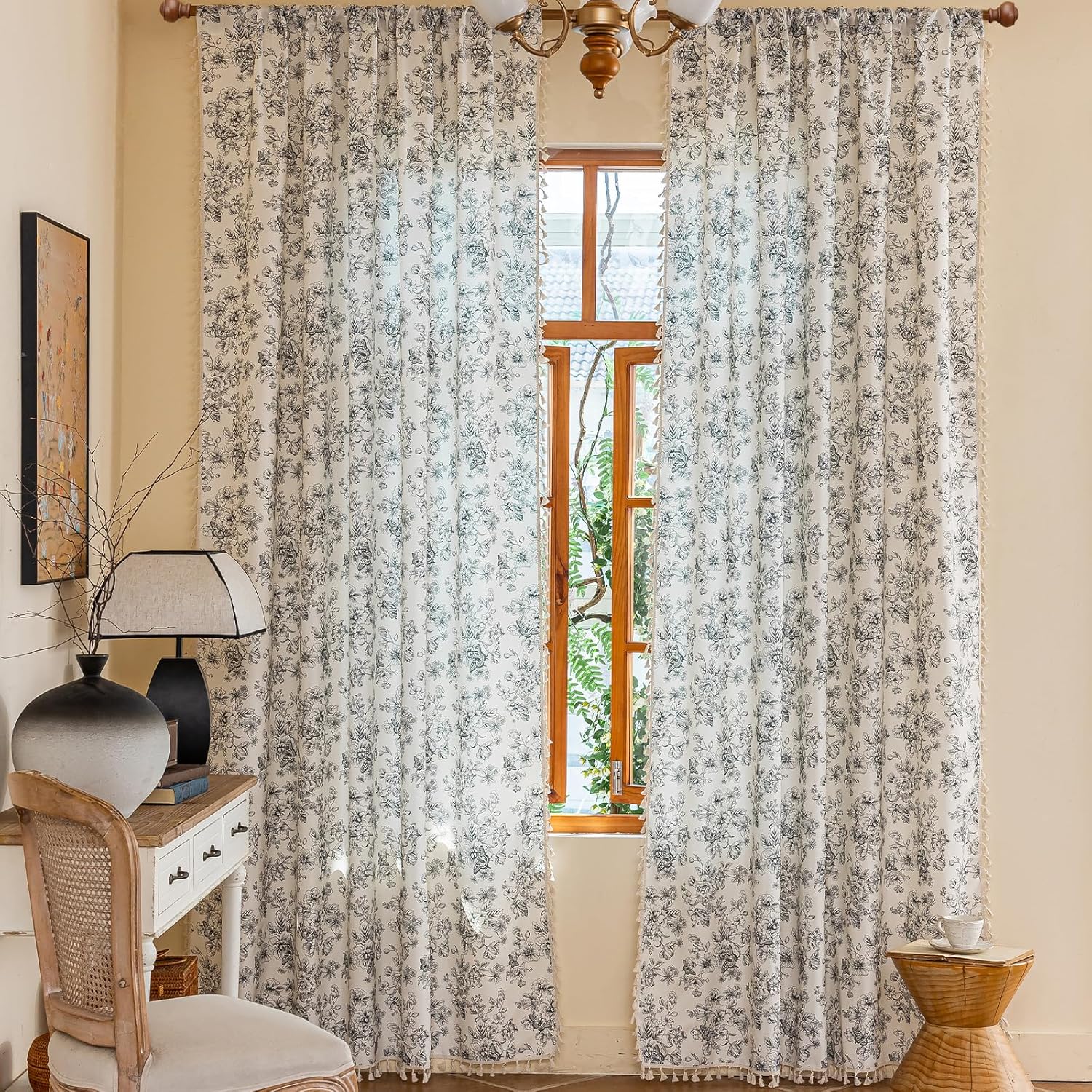 ENJOYBRIDAL Floral Bedroom Curtains 84 Inch Length 2 Panels Set Farmhouse Semi Sheer Living Room Drapes Cotton Linen Blend Bohemian Window Curtain Panels with Tassel Beige Rod Pocket Drapes