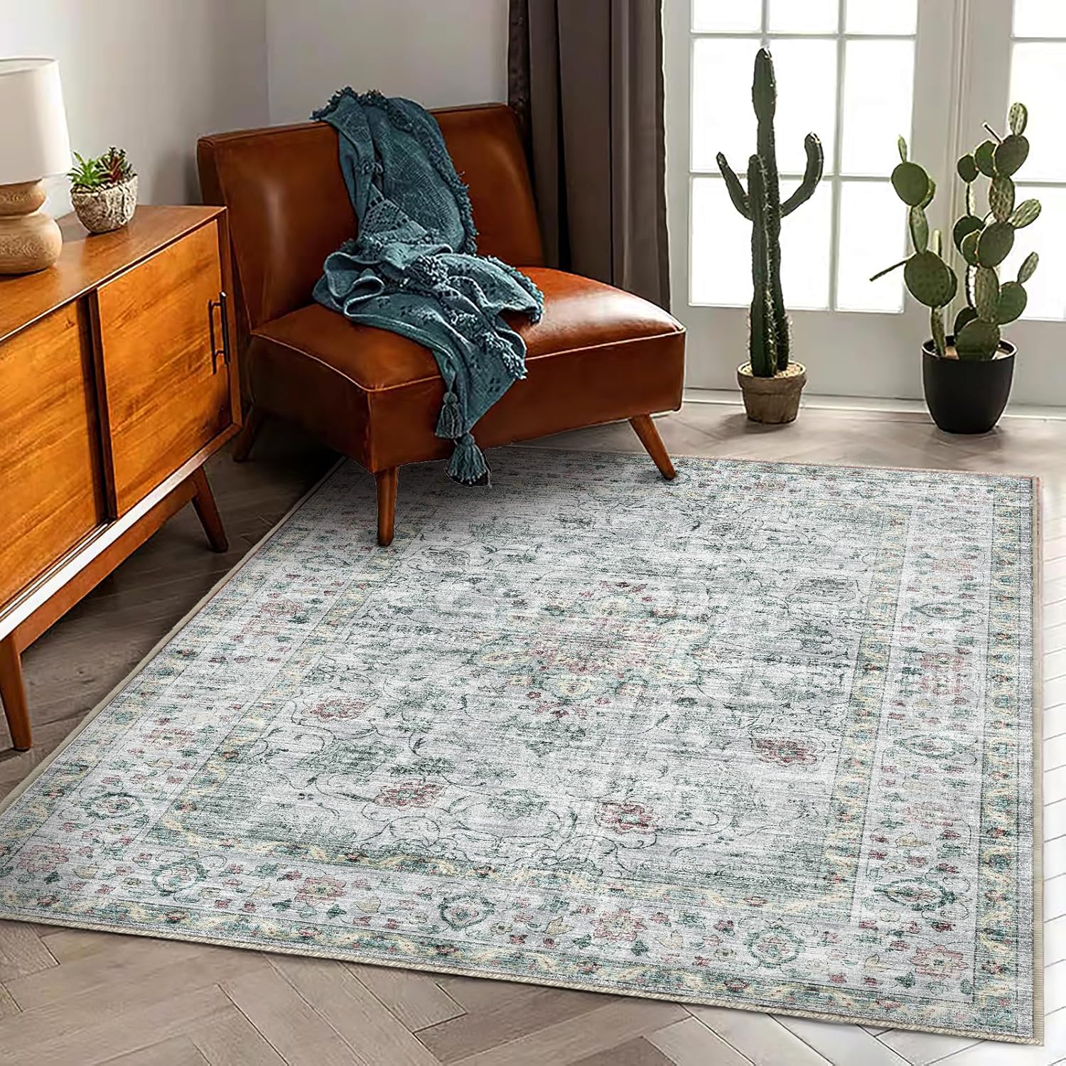 Area Rug 8x10 Washable Rug Brown Vintage Traditional Mat Distressed Indoor Foldable Thin Retro Accent Floral Non Slip Carpet Living Room Dining Room Office