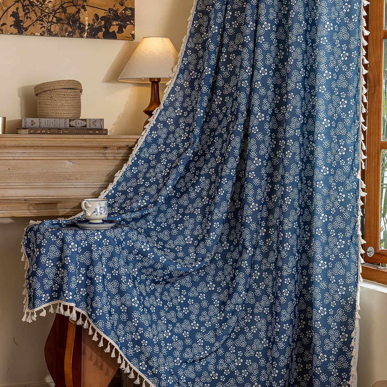 ENJOYBRIDAL Floral Bedroom Curtains 84 Inch Length 2 Panels Set Farmhouse Semi Sheer Living Room Drapes Cotton Linen Blend Bohemian Window Curtain Panels with Tassel Beige Rod Pocket Drapes