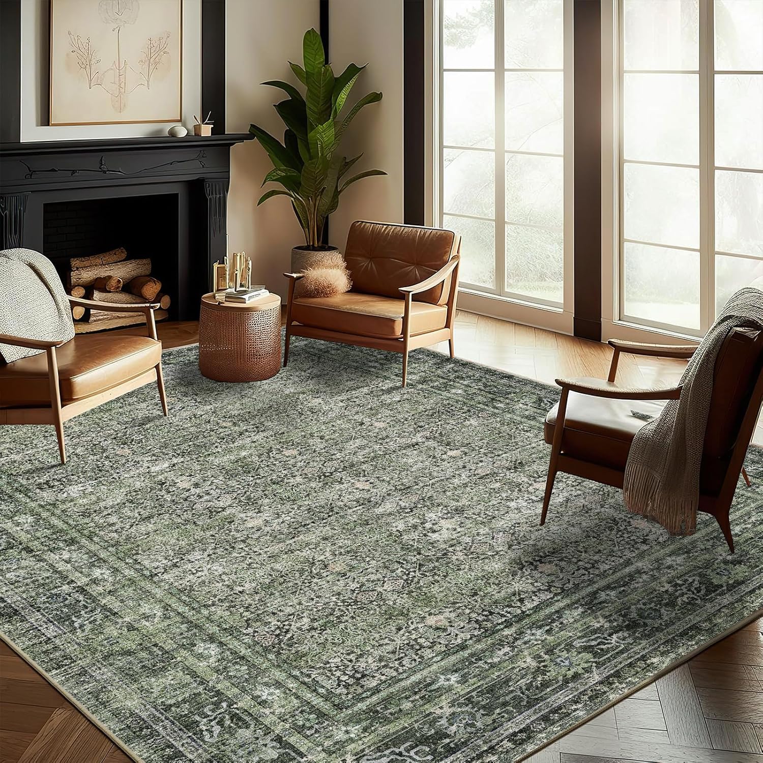 Area Rug 8x10 Washable Rug Brown Vintage Traditional Mat Distressed Indoor Foldable Thin Retro Accent Floral Non Slip Carpet Living Room Dining Room Office