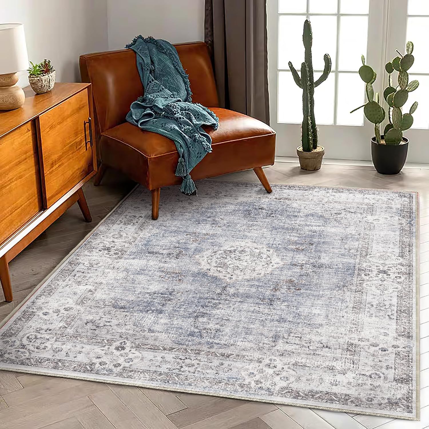 Area Rug 8x10 Washable Rug Brown Vintage Traditional Mat Distressed Indoor Foldable Thin Retro Accent Floral Non Slip Carpet Living Room Dining Room Office