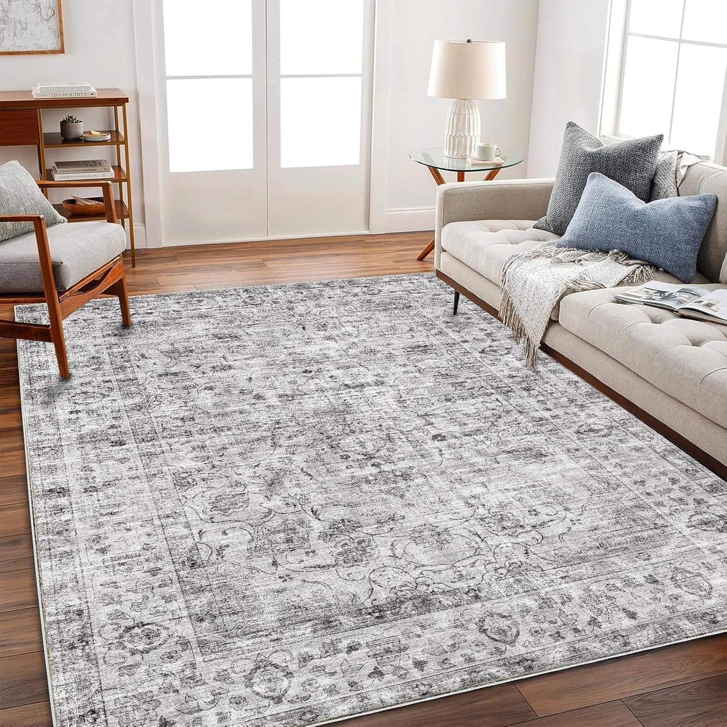 Area Rug 8x10 Washable Rug Brown Vintage Traditional Mat Distressed Indoor Foldable Thin Retro Accent Floral Non Slip Carpet Living Room Dining Room Office