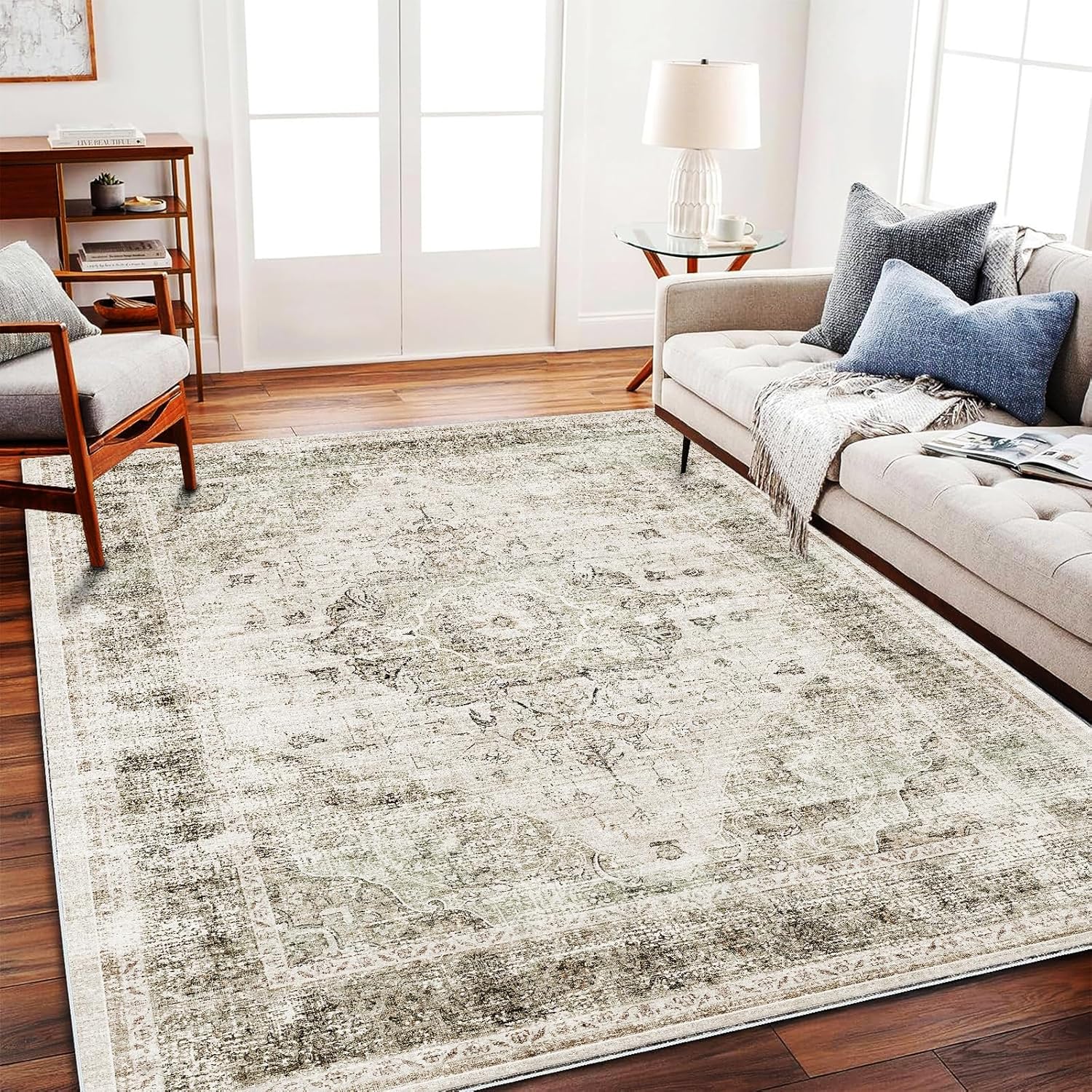 Area Rug 8x10 Washable Rug Brown Vintage Traditional Mat Distressed Indoor Foldable Thin Retro Accent Floral Non Slip Carpet Living Room Dining Room Office