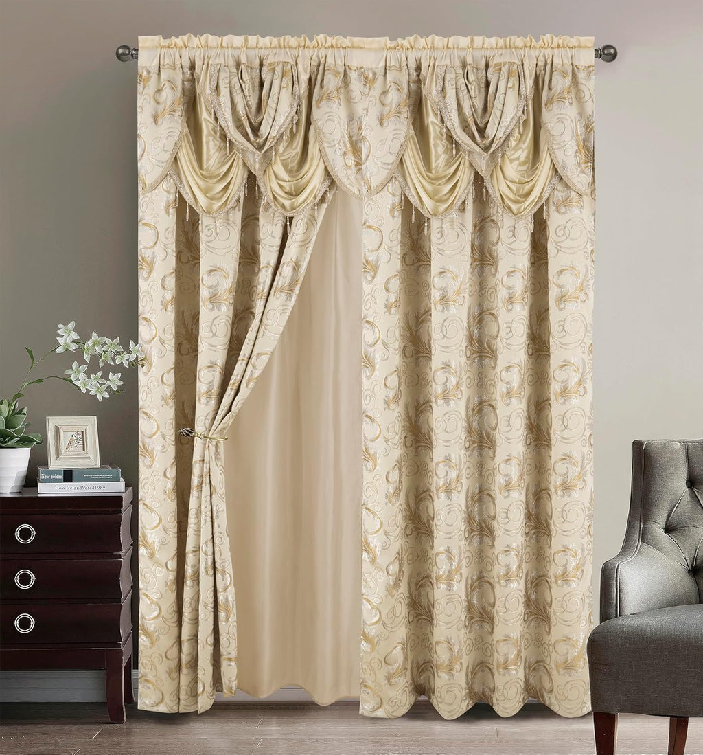 GLORY RUGS Jacquard Luxury Window 2 Panel Set Brown Curtain with Attached Valance and Backing Bedroom Living Room Dining 2 Curtains 55x84 inches Each Jana