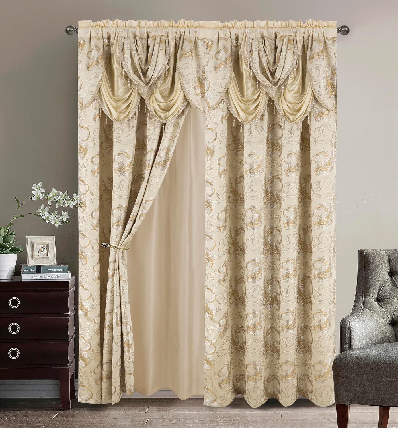 GLORY RUGS Jacquard Luxury Window 2 Panel Set Brown Curtain with Attached Valance and Backing Bedroom Living Room Dining 2 Curtains 55x84 inches Each Jana