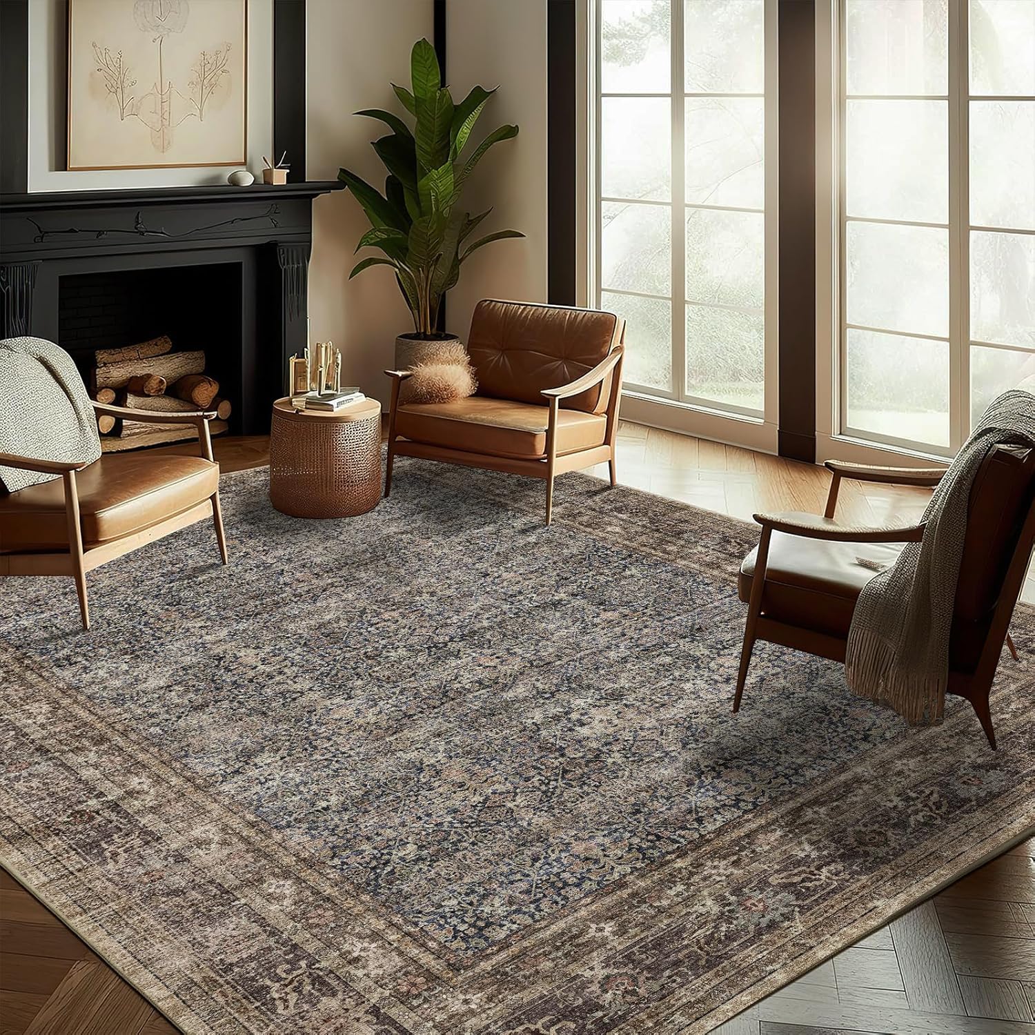 Area Rug 8x10 Washable Rug Brown Vintage Traditional Mat Distressed Indoor Foldable Thin Retro Accent Floral Non Slip Carpet Living Room Dining Room Office
