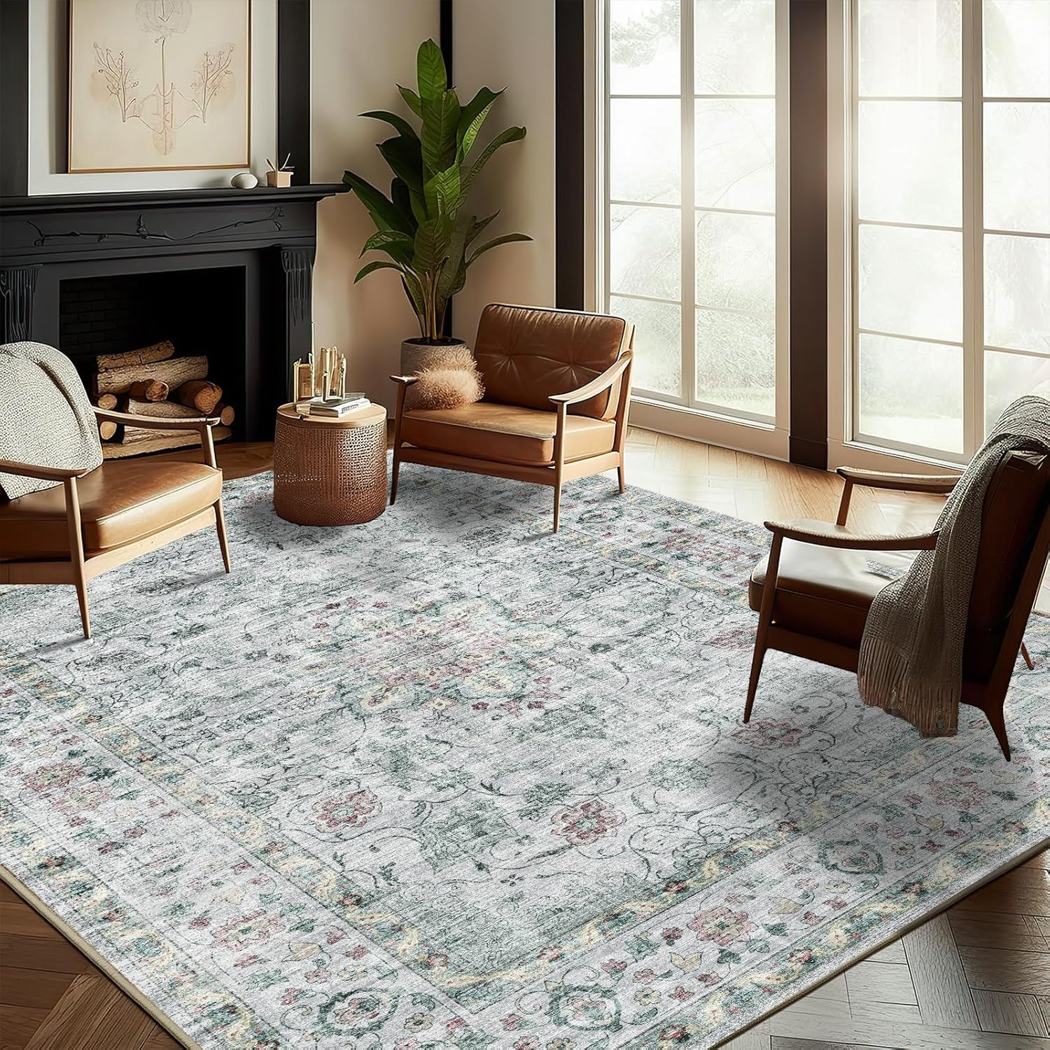 Area Rug 8x10 Washable Rug Brown Vintage Traditional Mat Distressed Indoor Foldable Thin Retro Accent Floral Non Slip Carpet Living Room Dining Room Office