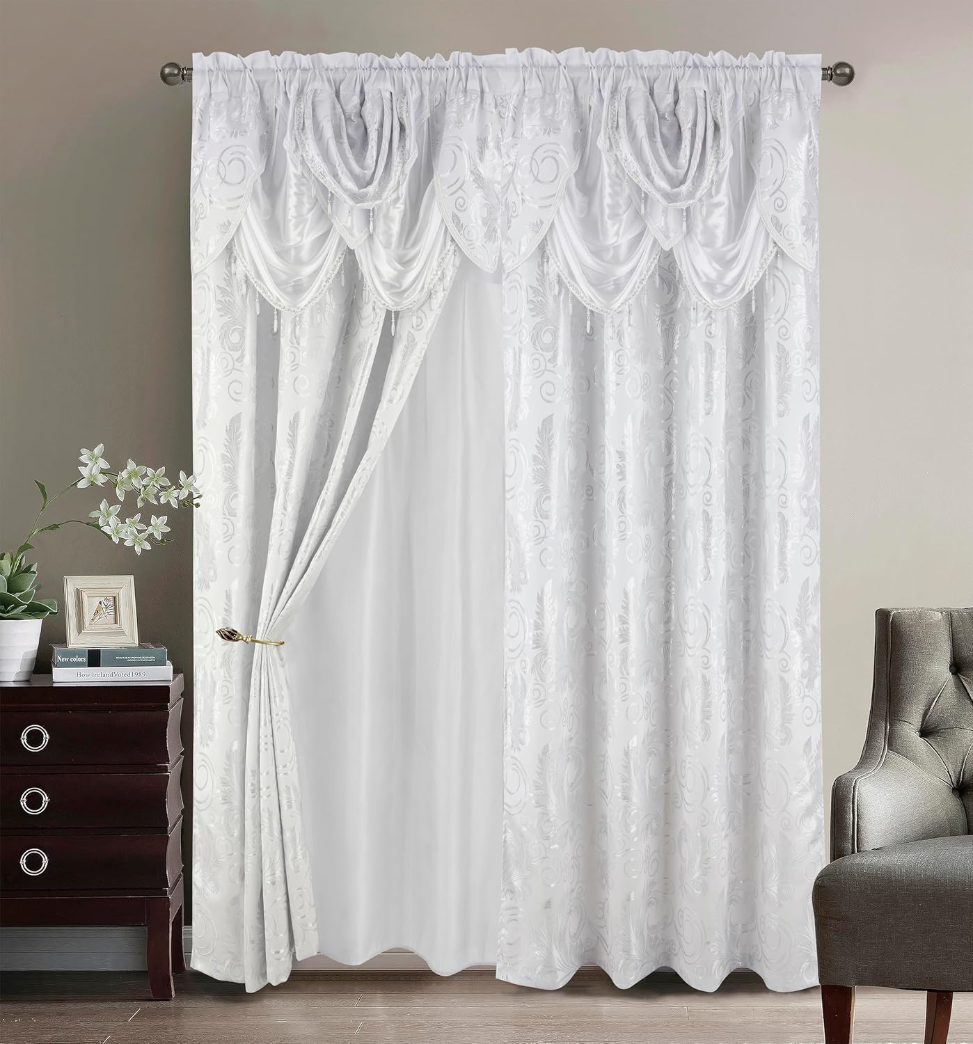 GLORY RUGS Jacquard Luxury Window 2 Panel Set Brown Curtain with Attached Valance and Backing Bedroom Living Room Dining 2 Curtains 55x84 inches Each Jana