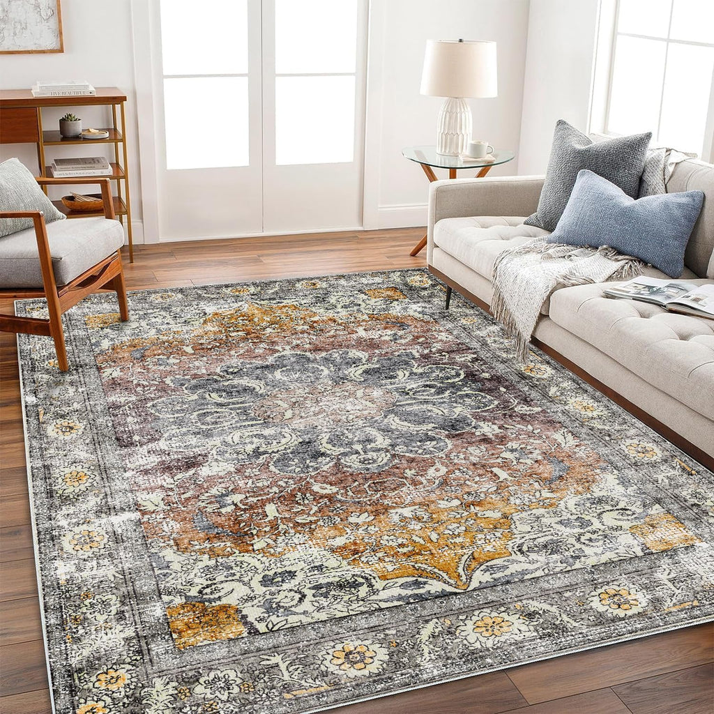 Area Rug 8x10 Washable Rug Brown Vintage Traditional Mat Distressed Indoor Foldable Thin Retro Accent Floral Non Slip Carpet Living Room Dining Room Office