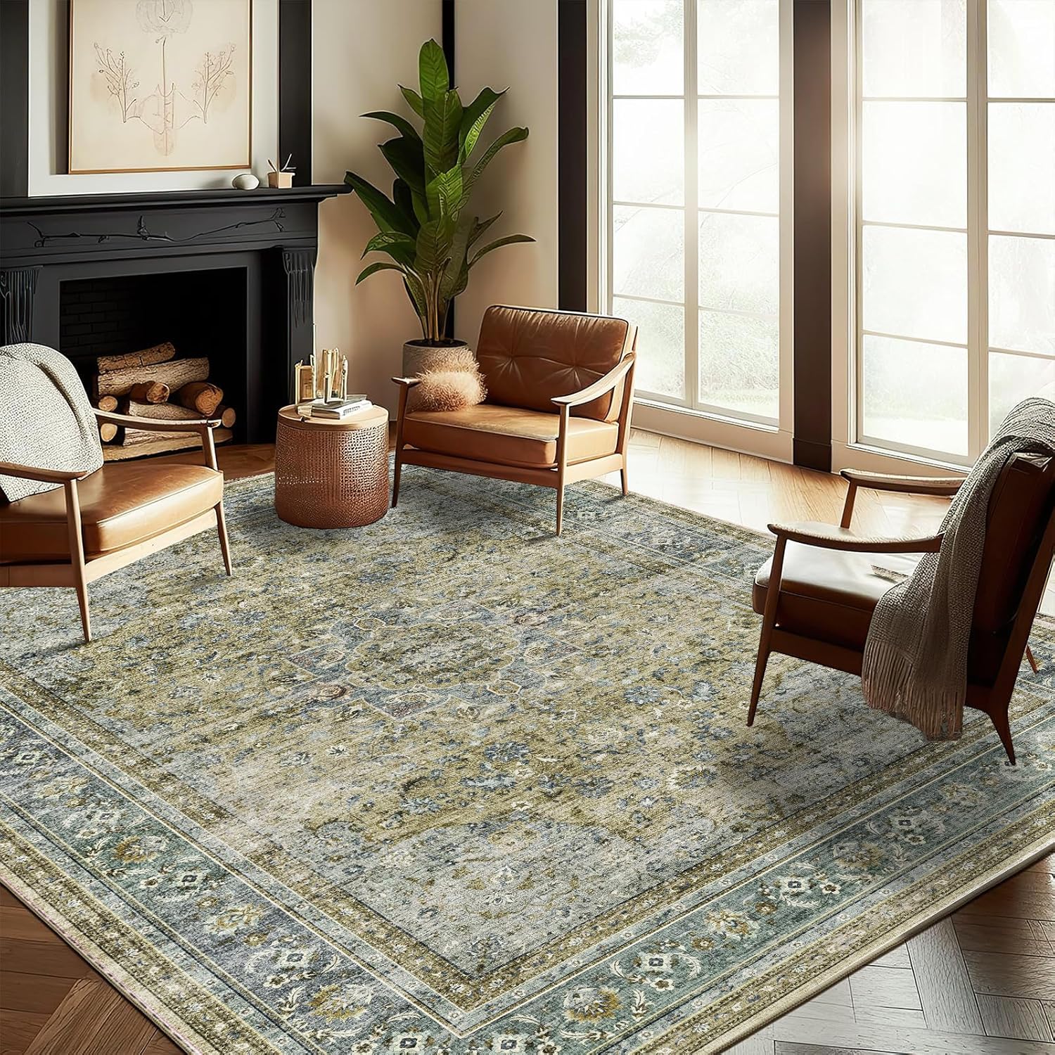 Area Rug 8x10 Washable Rug Brown Vintage Traditional Mat Distressed Indoor Foldable Thin Retro Accent Floral Non Slip Carpet Living Room Dining Room Office