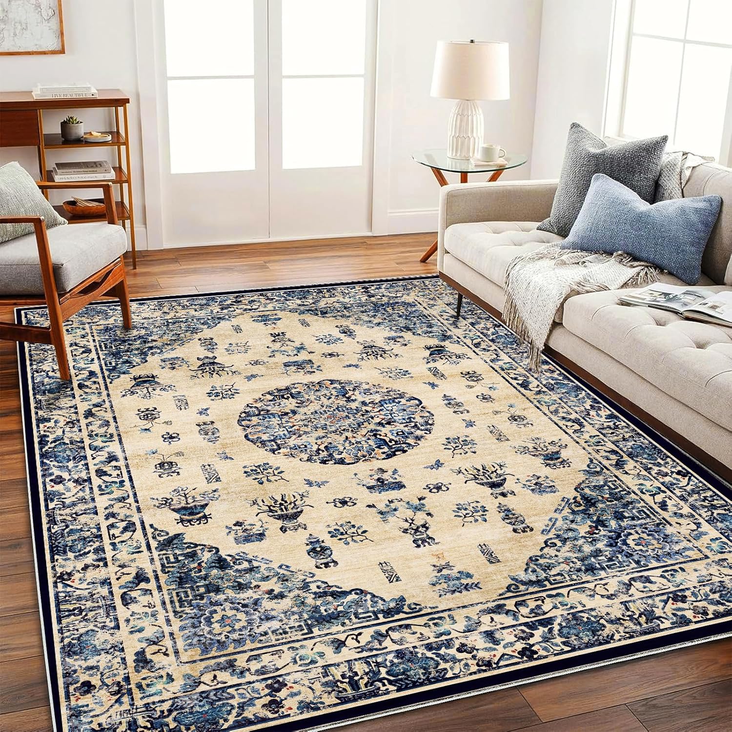 Area Rug 8x10 Washable Rug Brown Vintage Traditional Mat Distressed Indoor Foldable Thin Retro Accent Floral Non Slip Carpet Living Room Dining Room Office