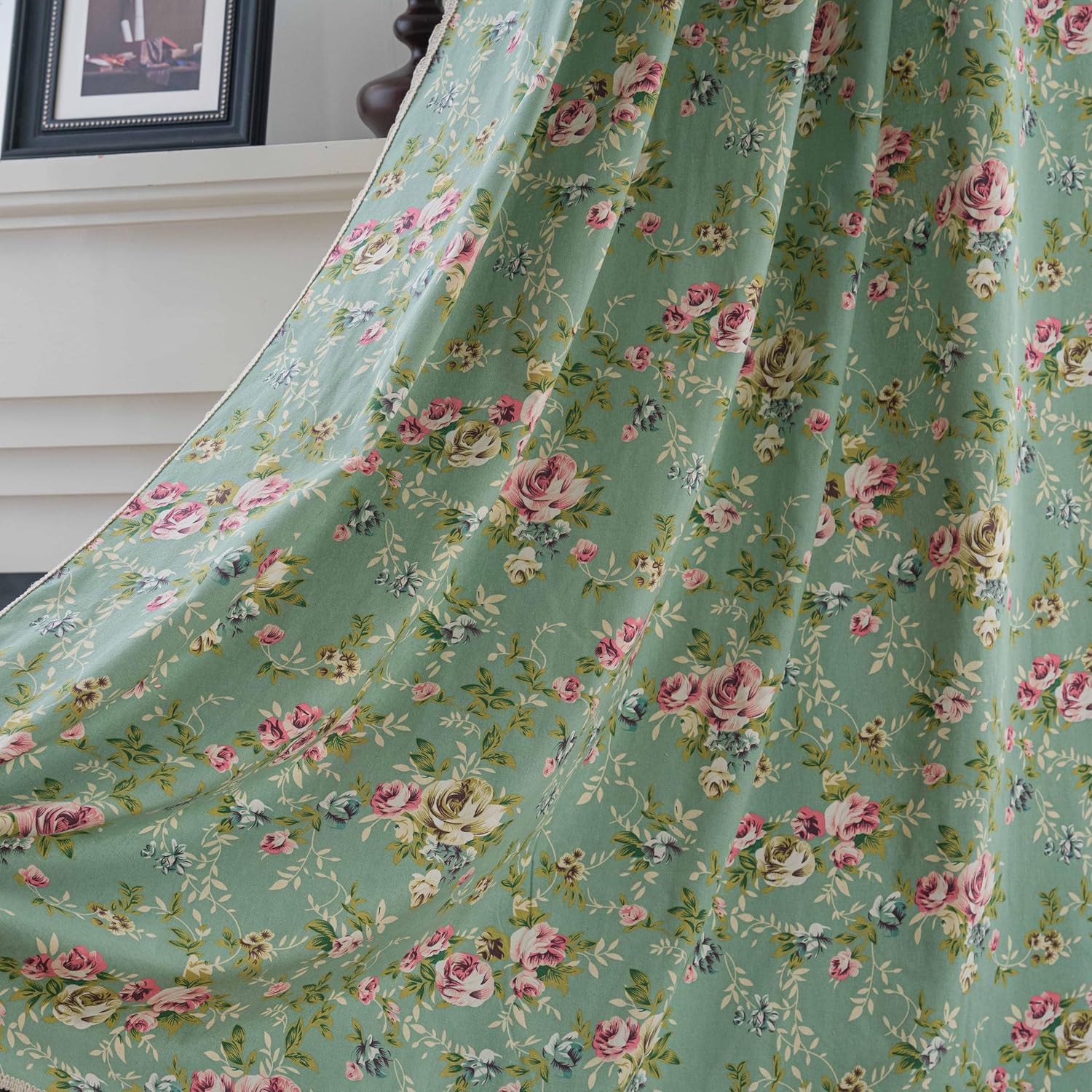 ENJOYBRIDAL Floral Bedroom Curtains 84 Inch Length 2 Panels Set Farmhouse Semi Sheer Living Room Drapes Cotton Linen Blend Bohemian Window Curtain Panels with Tassel Beige Rod Pocket Drapes