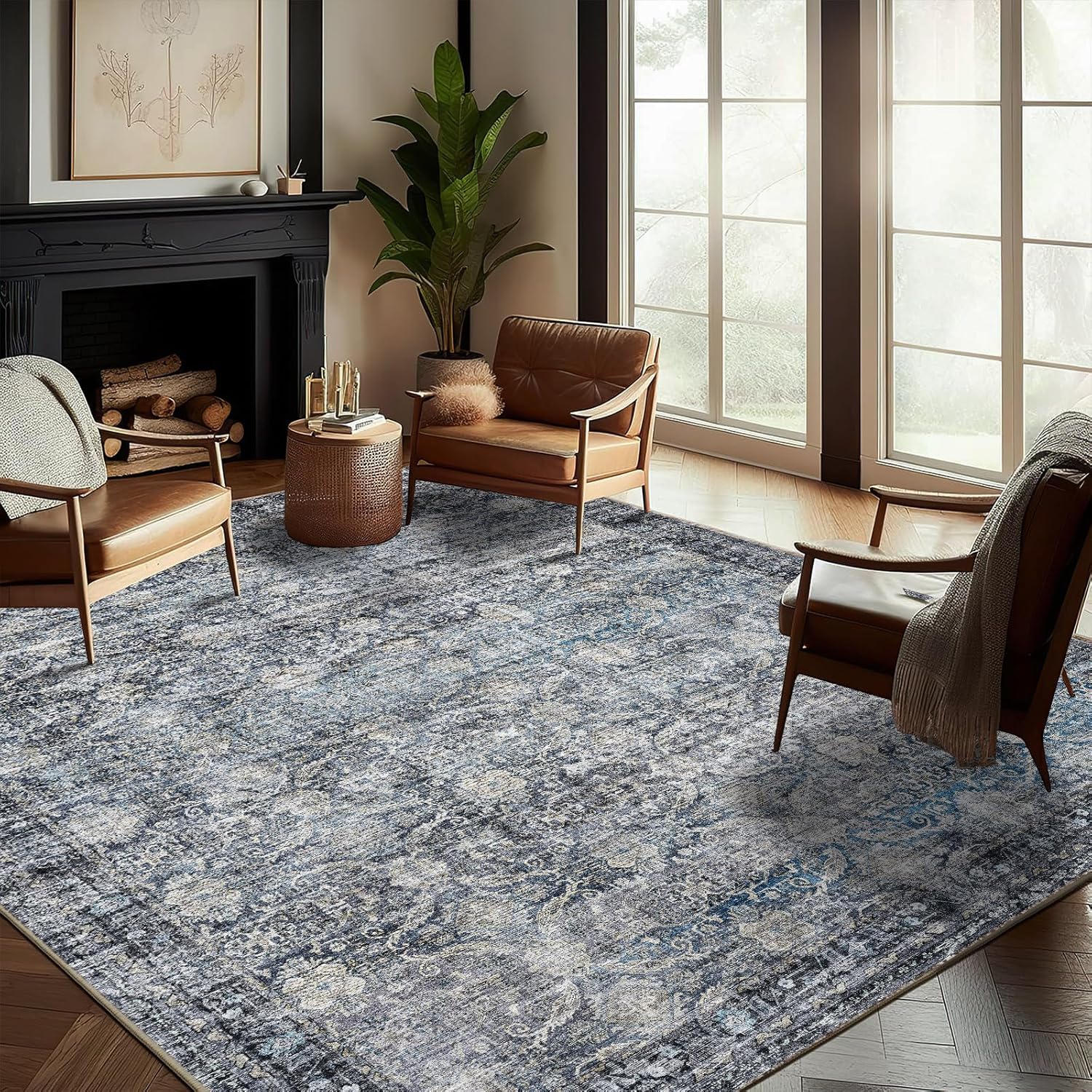 Area Rug 8x10 Washable Rug Brown Vintage Traditional Mat Distressed Indoor Foldable Thin Retro Accent Floral Non Slip Carpet Living Room Dining Room Office