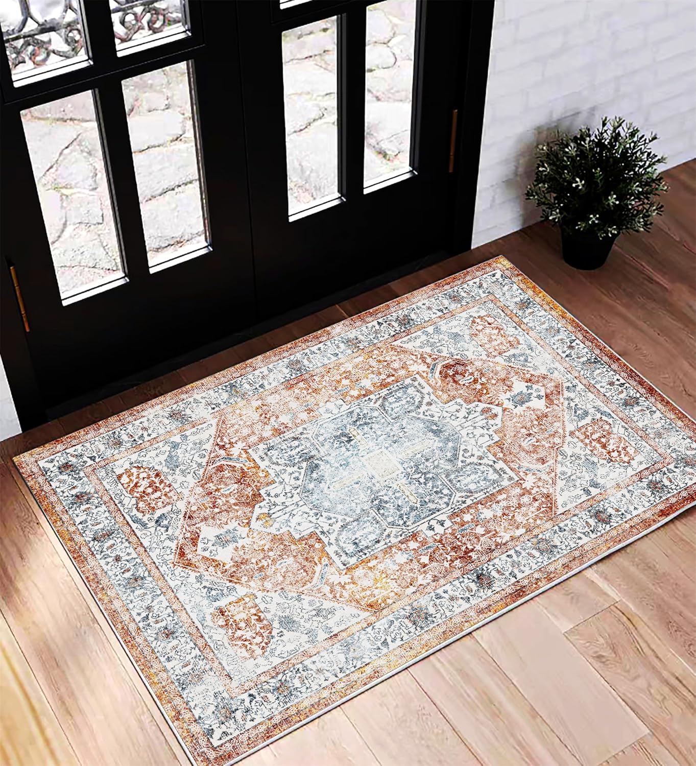Area Rug 8x10 Washable Rug Brown Vintage Traditional Mat Distressed Indoor Foldable Thin Retro Accent Floral Non Slip Carpet Living Room Dining Room Office