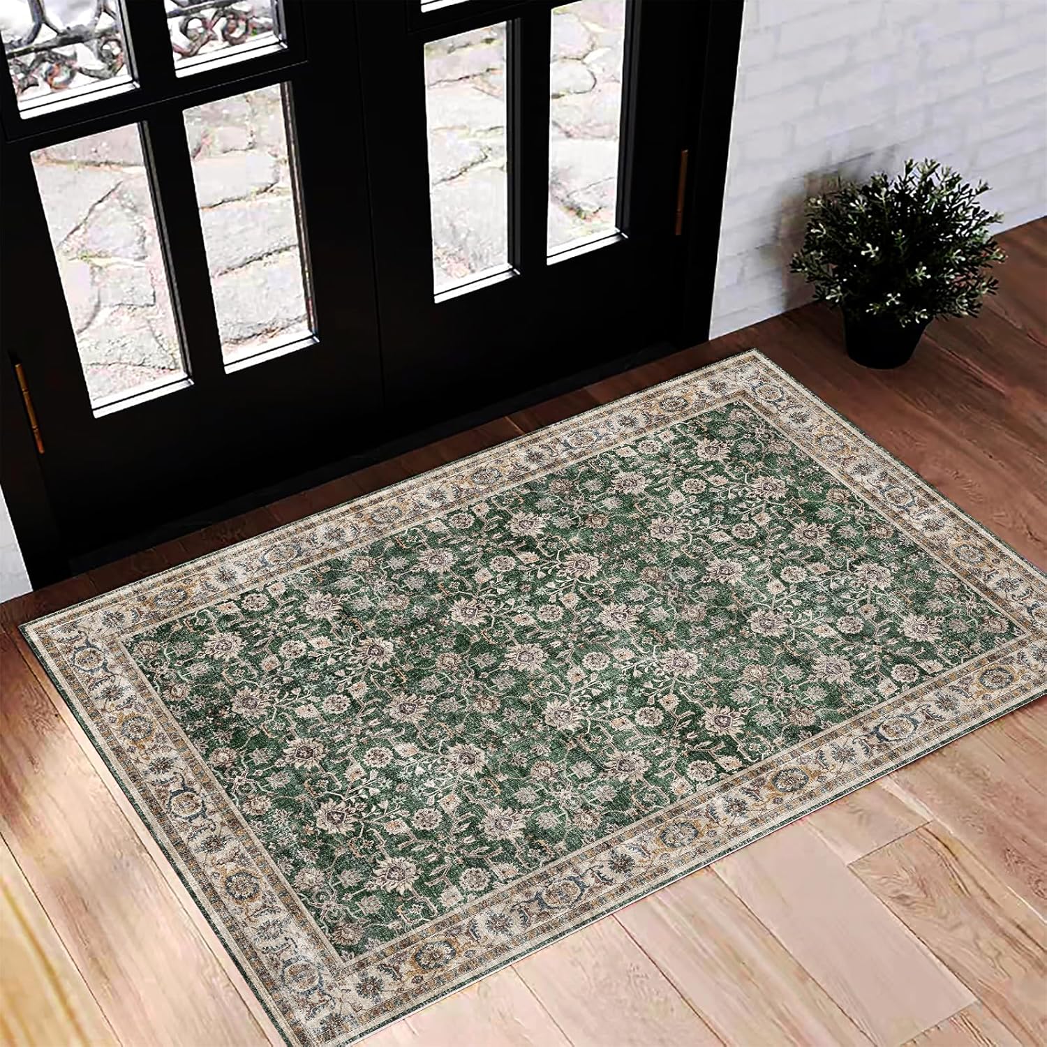 Area Rug 8x10 Washable Rug Brown Vintage Traditional Mat Distressed Indoor Foldable Thin Retro Accent Floral Non Slip Carpet Living Room Dining Room Office