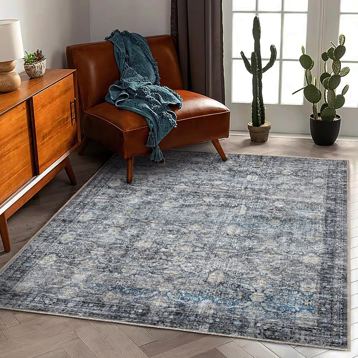 Area Rug 8x10 Washable Rug Brown Vintage Traditional Mat Distressed Indoor Foldable Thin Retro Accent Floral Non Slip Carpet Living Room Dining Room Office