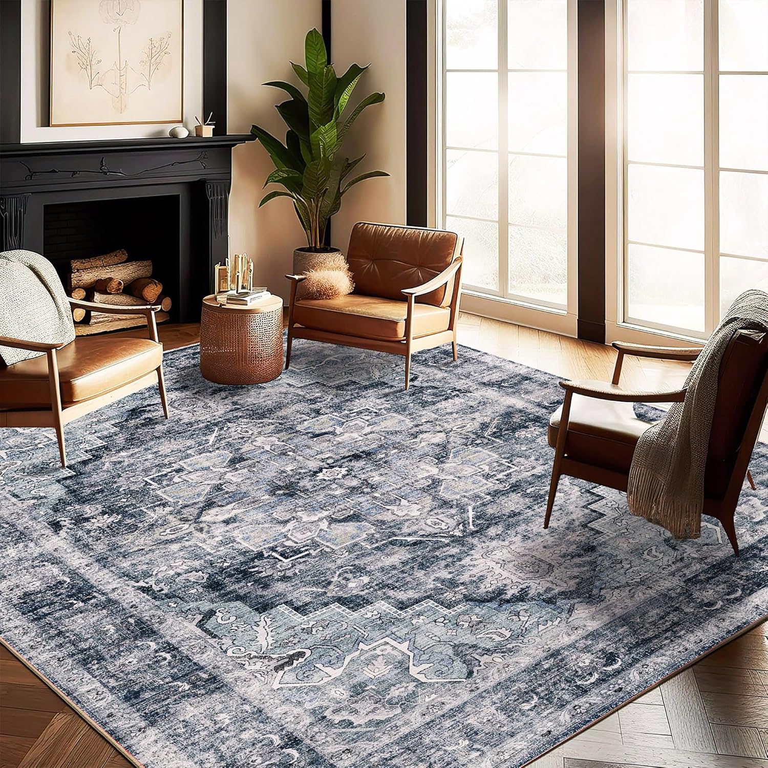 Area Rug 8x10 Washable Rug Brown Vintage Traditional Mat Distressed Indoor Foldable Thin Retro Accent Floral Non Slip Carpet Living Room Dining Room Office