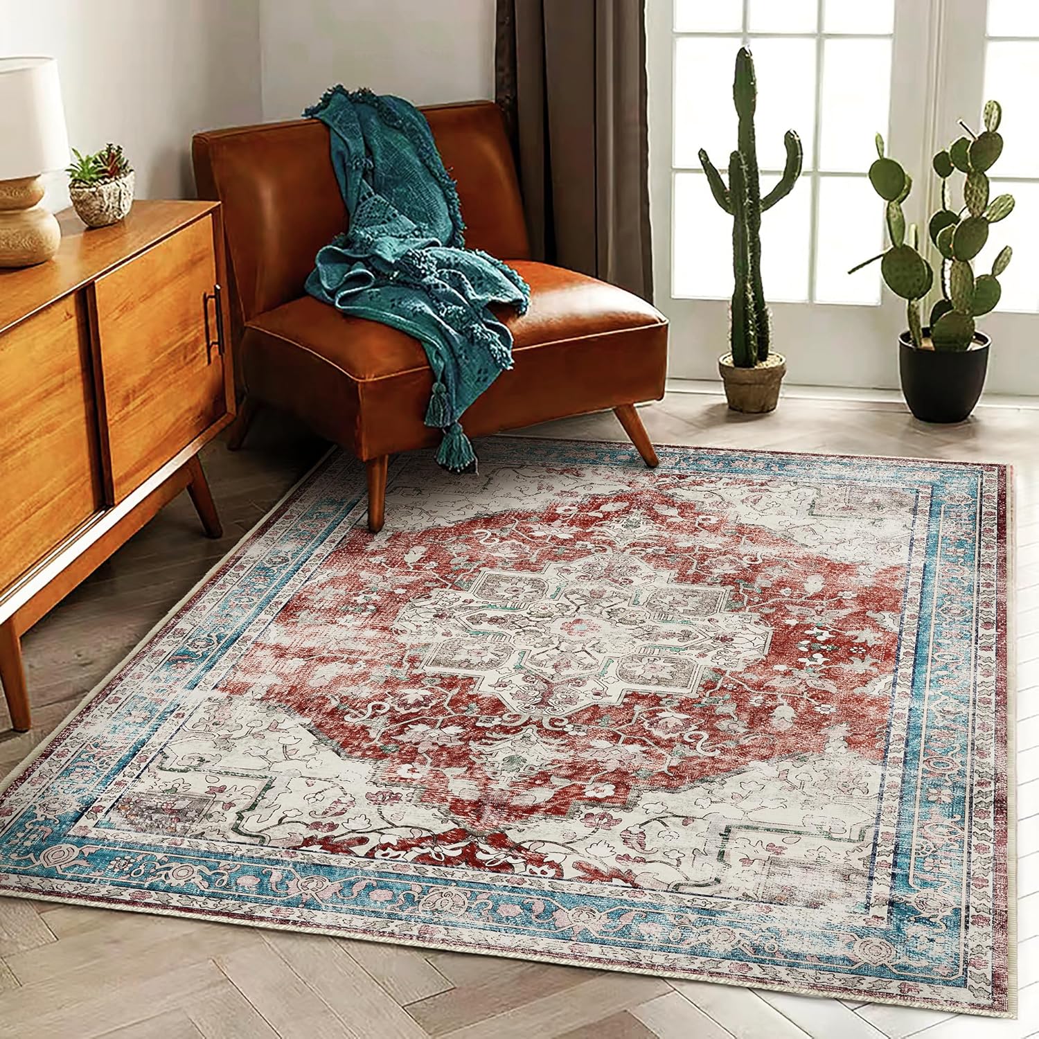Area Rug 8x10 Washable Rug Brown Vintage Traditional Mat Distressed Indoor Foldable Thin Retro Accent Floral Non Slip Carpet Living Room Dining Room Office