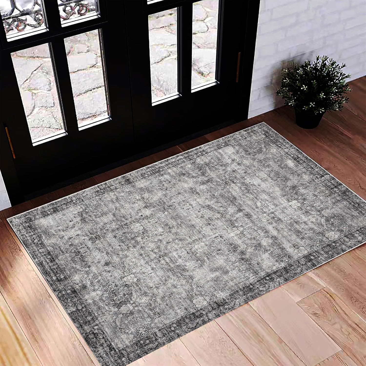 Area Rug 8x10 Washable Rug Brown Vintage Traditional Mat Distressed Indoor Foldable Thin Retro Accent Floral Non Slip Carpet Living Room Dining Room Office