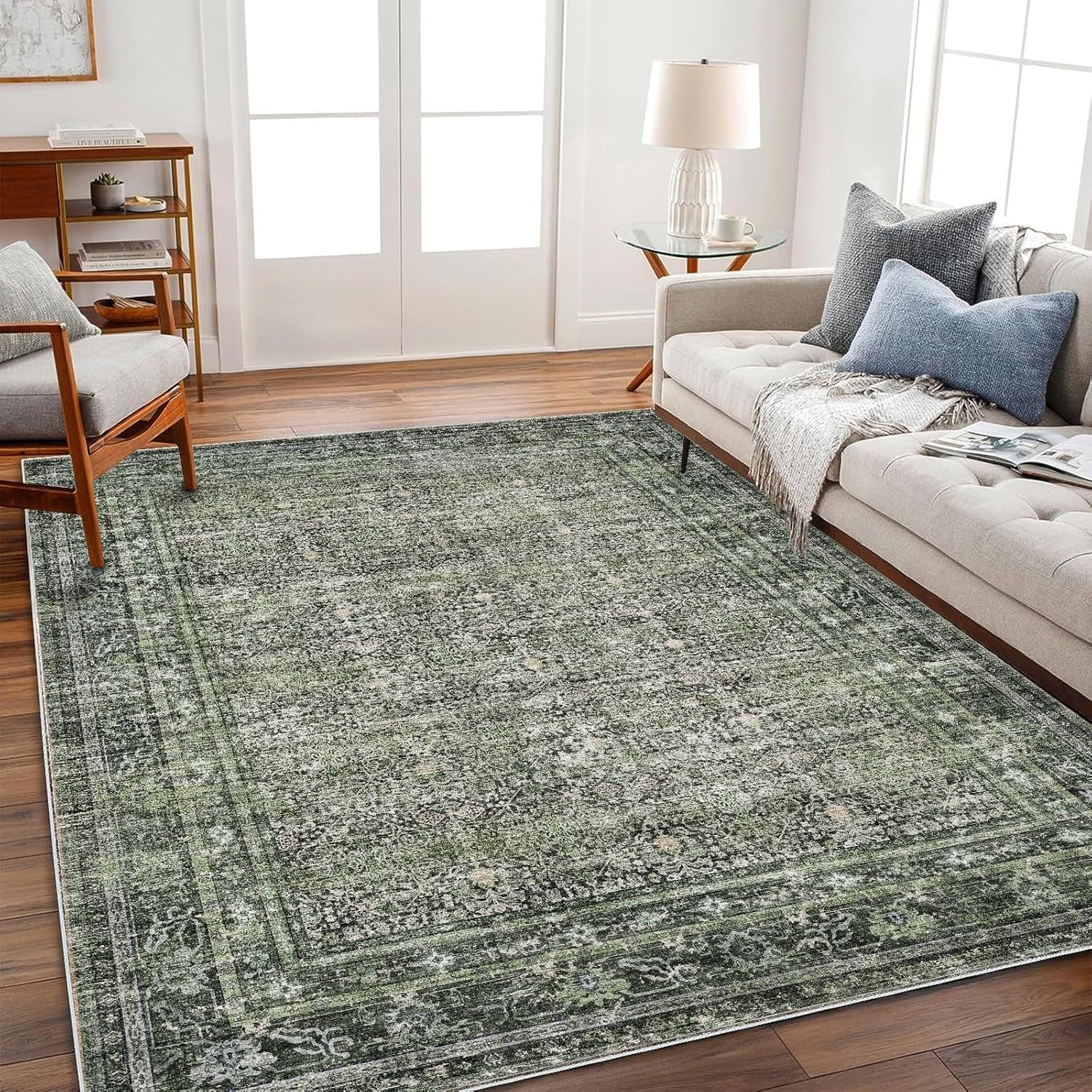 Area Rug 8x10 Washable Rug Brown Vintage Traditional Mat Distressed Indoor Foldable Thin Retro Accent Floral Non Slip Carpet Living Room Dining Room Office