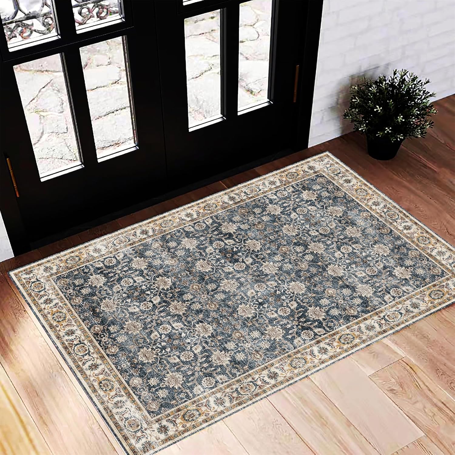 Area Rug 8x10 Washable Rug Brown Vintage Traditional Mat Distressed Indoor Foldable Thin Retro Accent Floral Non Slip Carpet Living Room Dining Room Office
