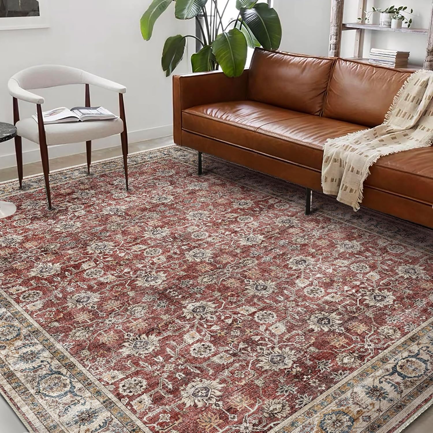 Area Rug 8x10 Washable Rug Brown Vintage Traditional Mat Distressed Indoor Foldable Thin Retro Accent Floral Non Slip Carpet Living Room Dining Room Office