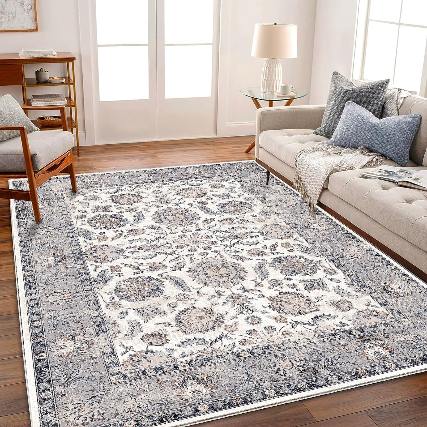 Area Rug 8x10 Washable Rug Brown Vintage Traditional Mat Distressed Indoor Foldable Thin Retro Accent Floral Non Slip Carpet Living Room Dining Room Office