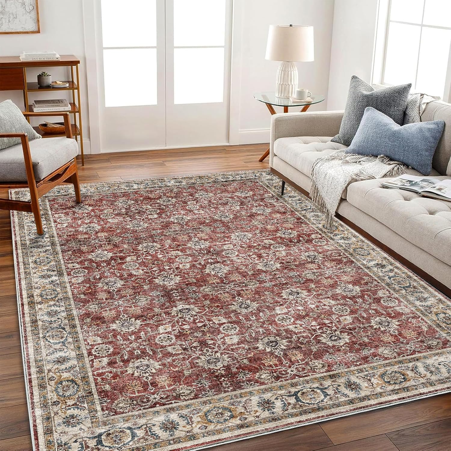 Area Rug 8x10 Washable Rug Brown Vintage Traditional Mat Distressed Indoor Foldable Thin Retro Accent Floral Non Slip Carpet Living Room Dining Room Office