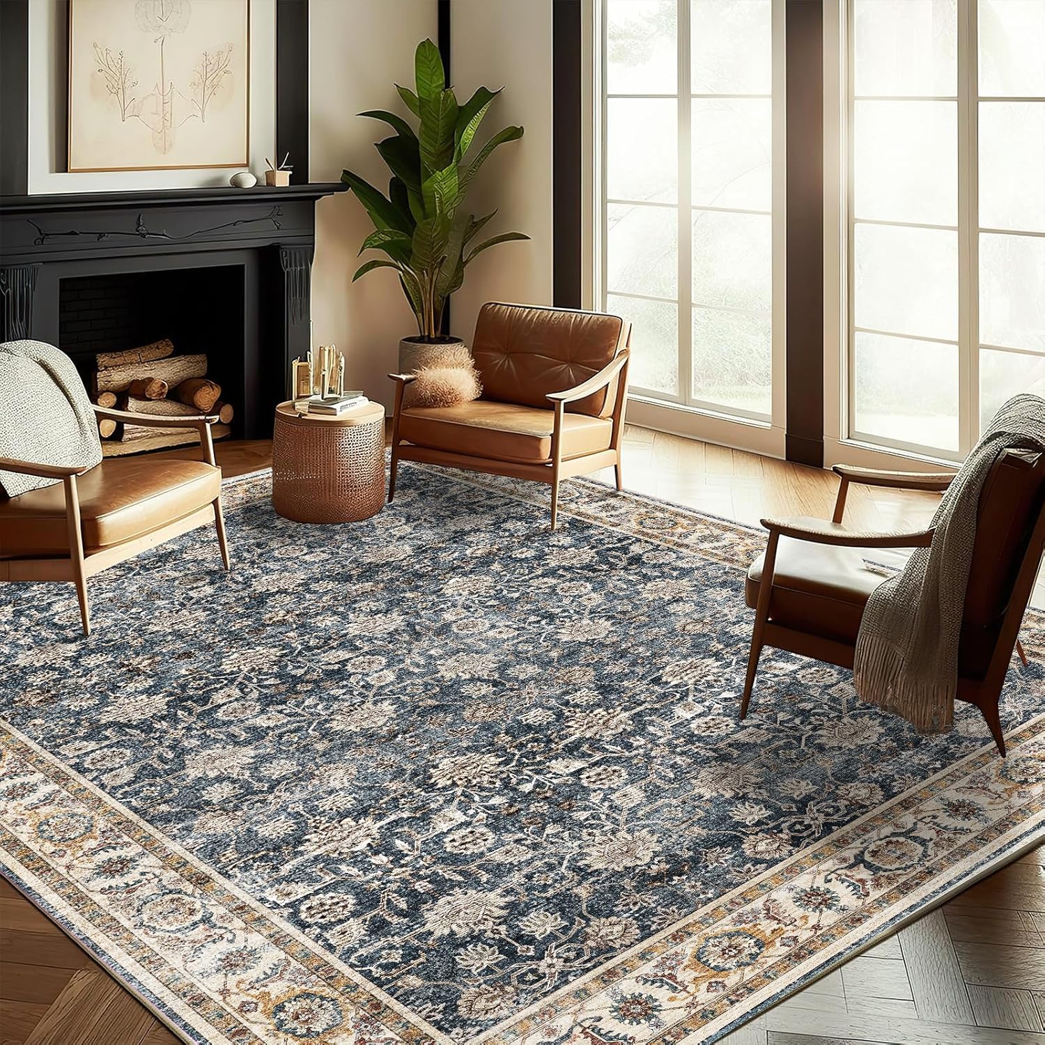 Area Rug 8x10 Washable Rug Brown Vintage Traditional Mat Distressed Indoor Foldable Thin Retro Accent Floral Non Slip Carpet Living Room Dining Room Office