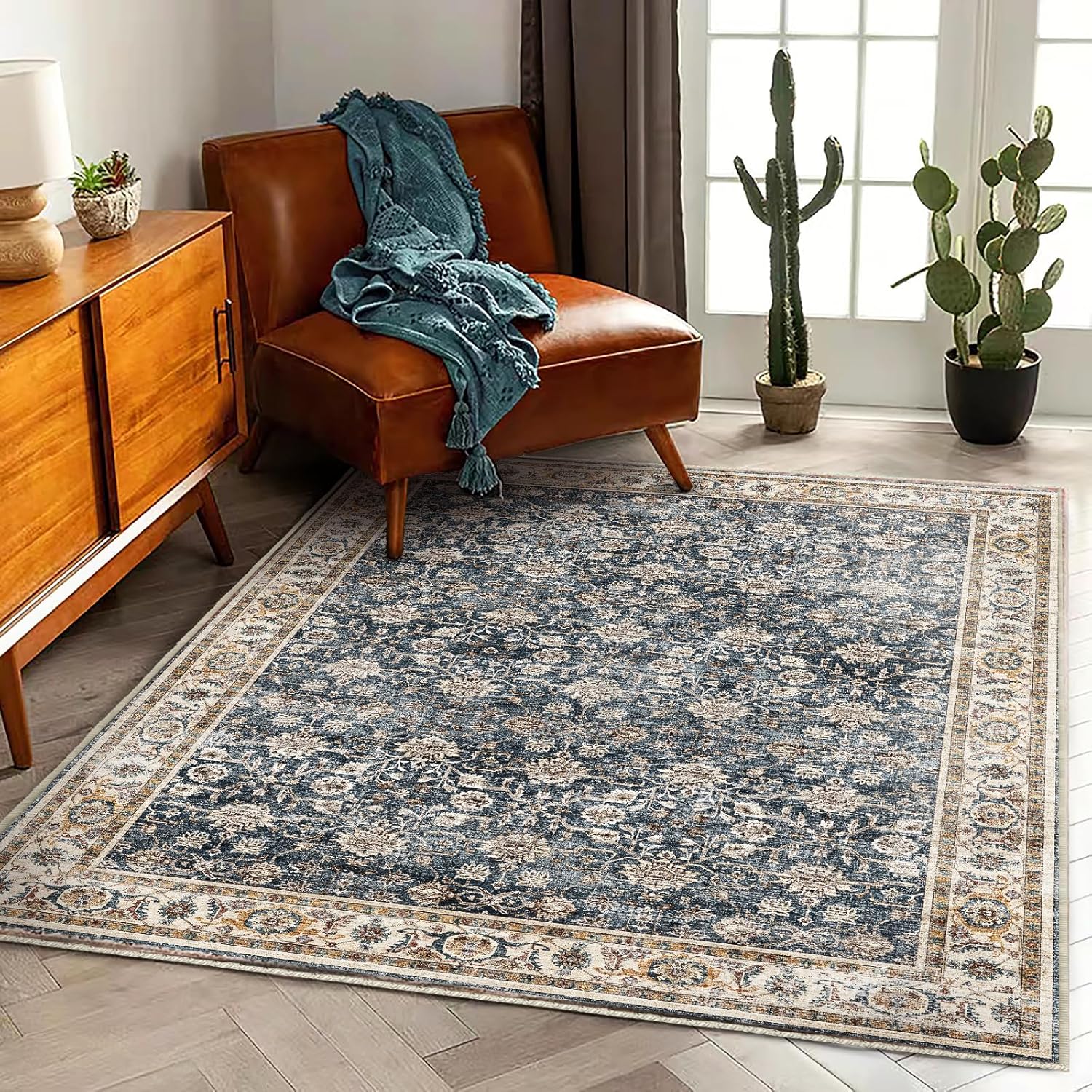 Area Rug 8x10 Washable Rug Brown Vintage Traditional Mat Distressed Indoor Foldable Thin Retro Accent Floral Non Slip Carpet Living Room Dining Room Office