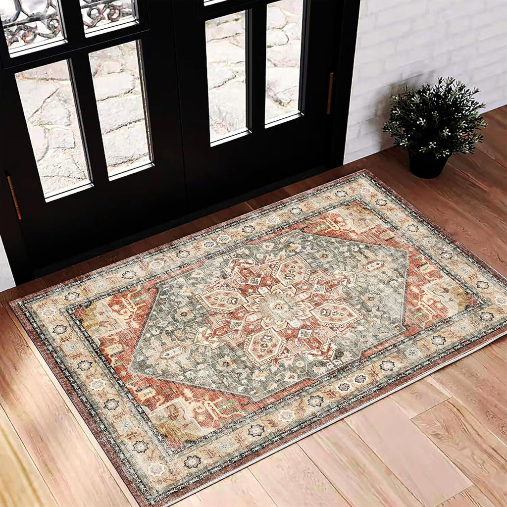 Area Rug 8x10 Washable Rug Brown Vintage Traditional Mat Distressed Indoor Foldable Thin Retro Accent Floral Non Slip Carpet Living Room Dining Room Office