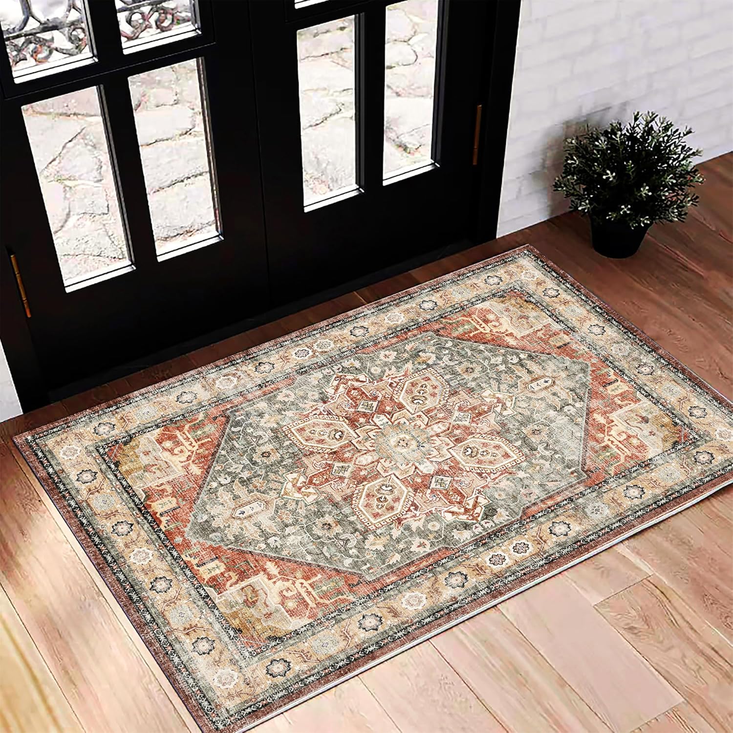 Area Rug 8x10 Washable Rug Brown Vintage Traditional Mat Distressed Indoor Foldable Thin Retro Accent Floral Non Slip Carpet Living Room Dining Room Office