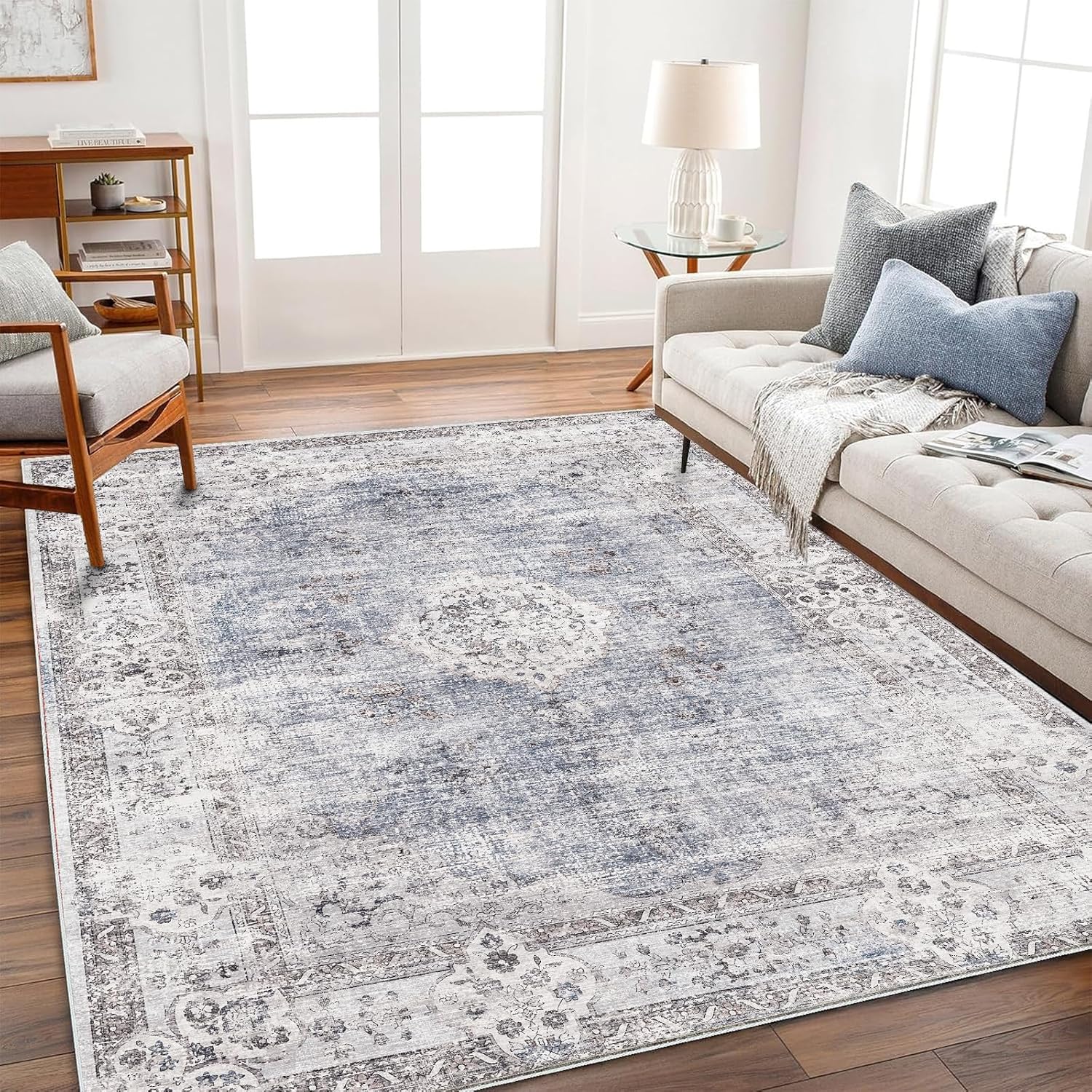 Area Rug 8x10 Washable Rug Brown Vintage Traditional Mat Distressed Indoor Foldable Thin Retro Accent Floral Non Slip Carpet Living Room Dining Room Office