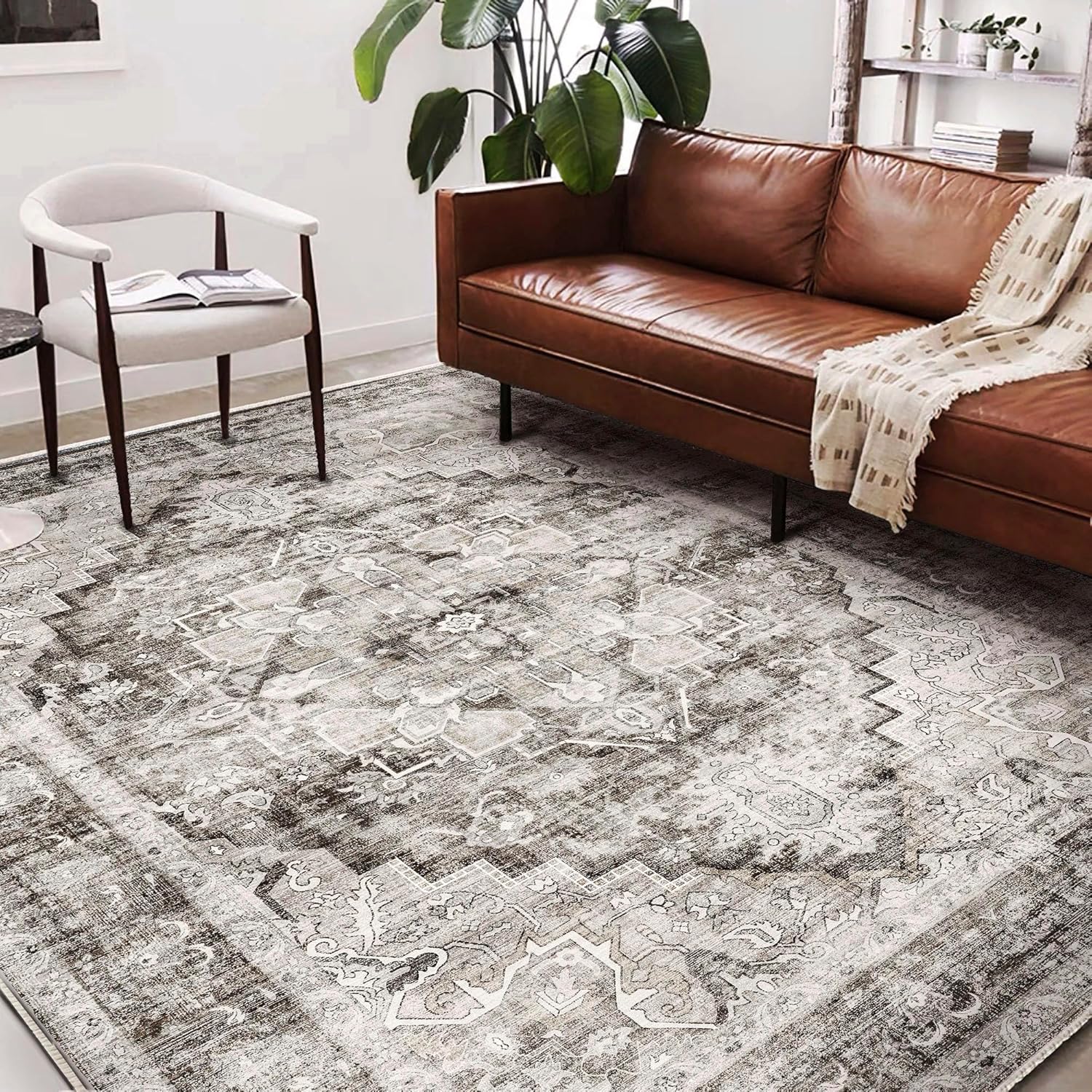 Area Rug 8x10 Washable Rug Brown Vintage Traditional Mat Distressed Indoor Foldable Thin Retro Accent Floral Non Slip Carpet Living Room Dining Room Office