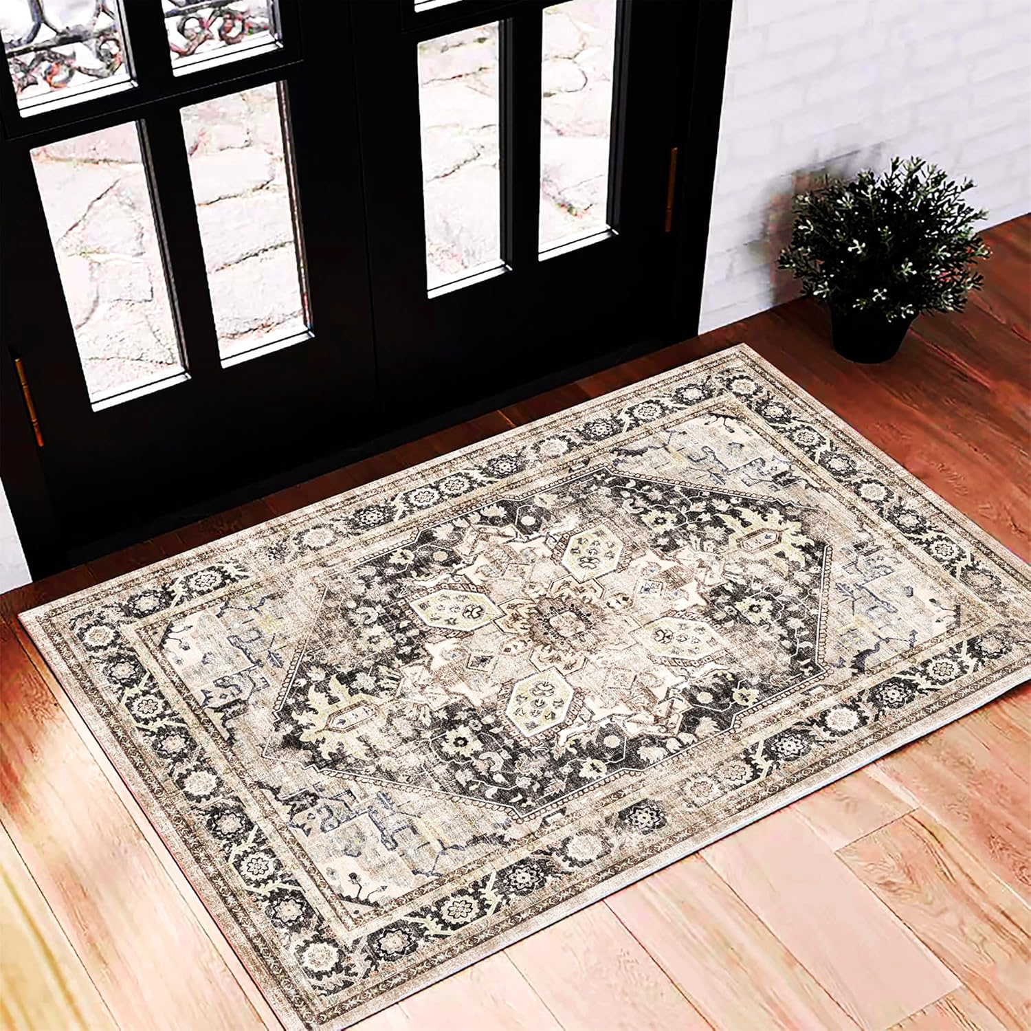 Area Rug 8x10 Washable Rug Brown Vintage Traditional Mat Distressed Indoor Foldable Thin Retro Accent Floral Non Slip Carpet Living Room Dining Room Office